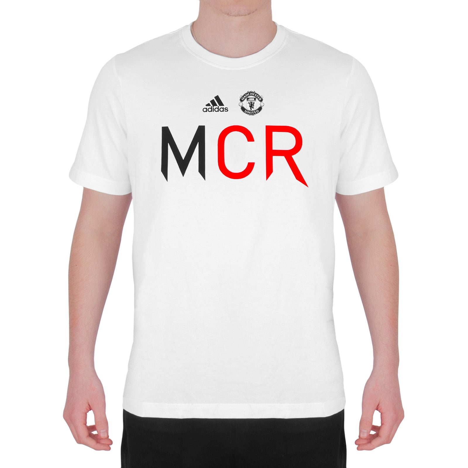 Man Utd adults T-Shirt in white with team crest and MCR text to front.