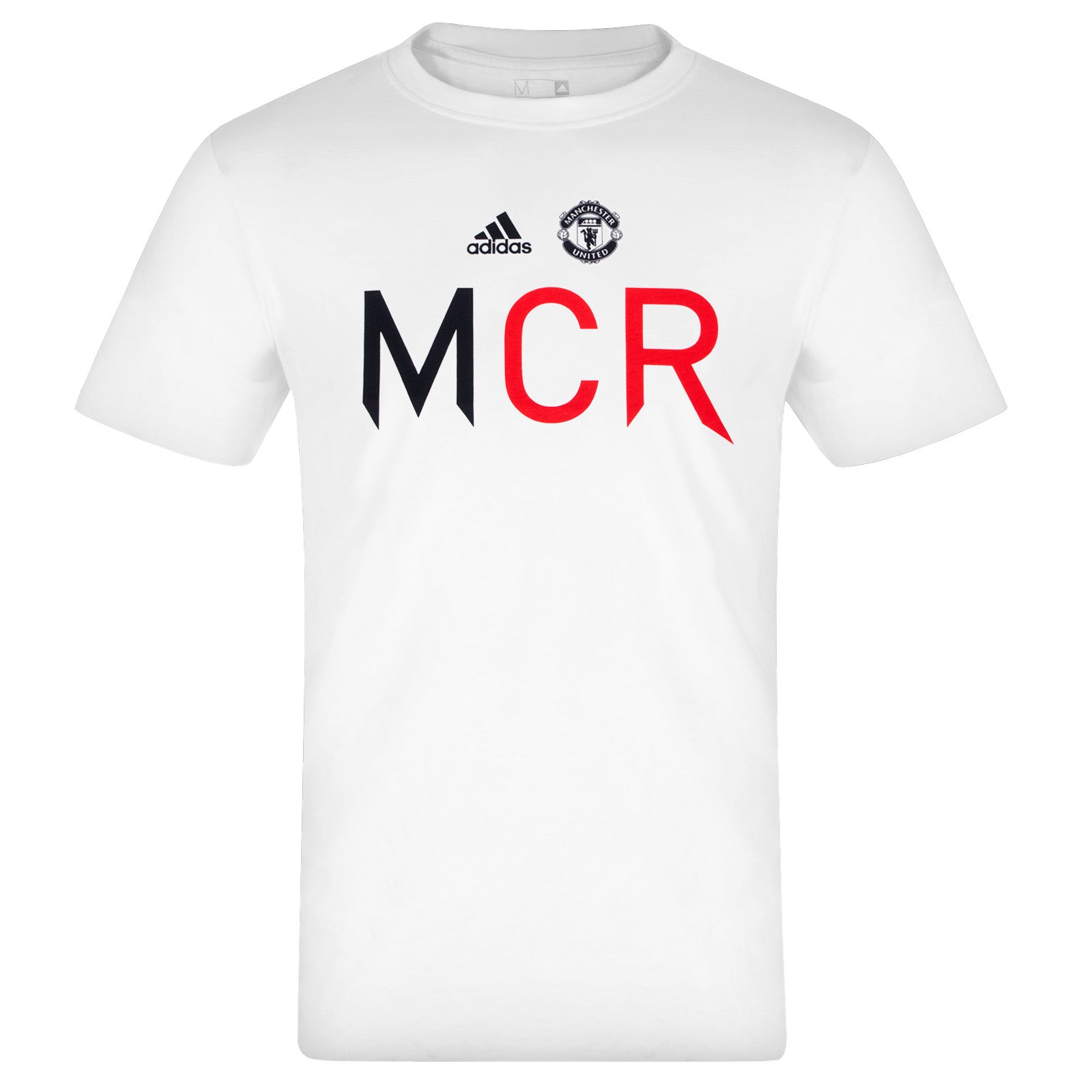Man Utd adults T-Shirt in white with team crest and MCR text to front.