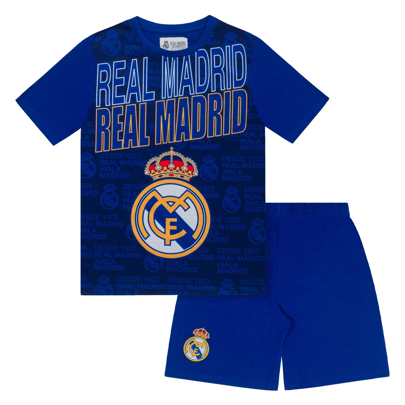 Real Madrid kids short pyjamas in reflex blue. Short sleeve top with graphic club crest and shorts also with crest to the leg