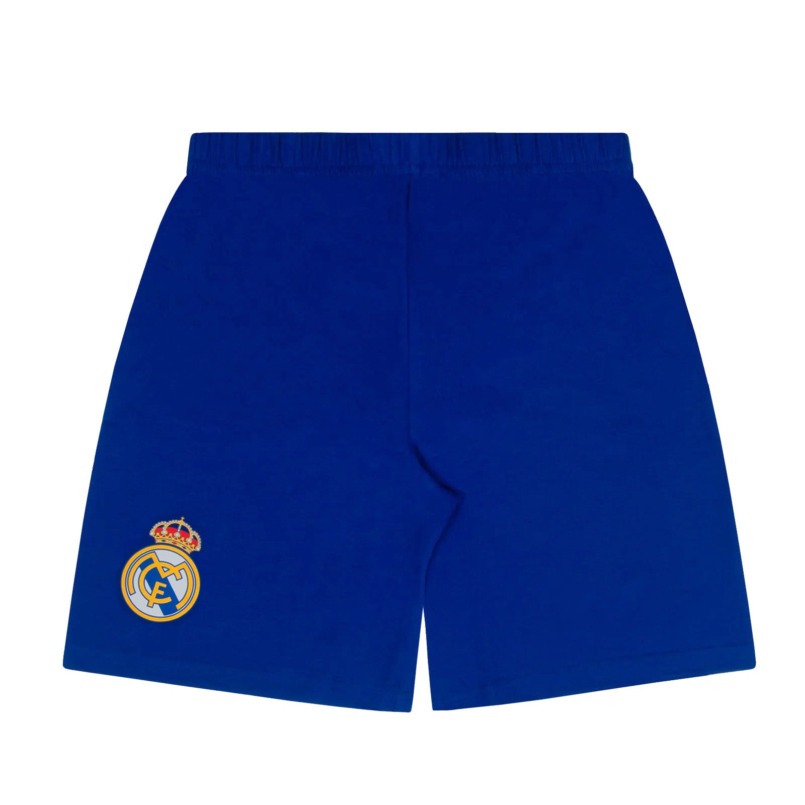 Real Madrid kids short pyjamas in reflex blue. Short sleeve top with graphic club crest and shorts also with crest to the leg