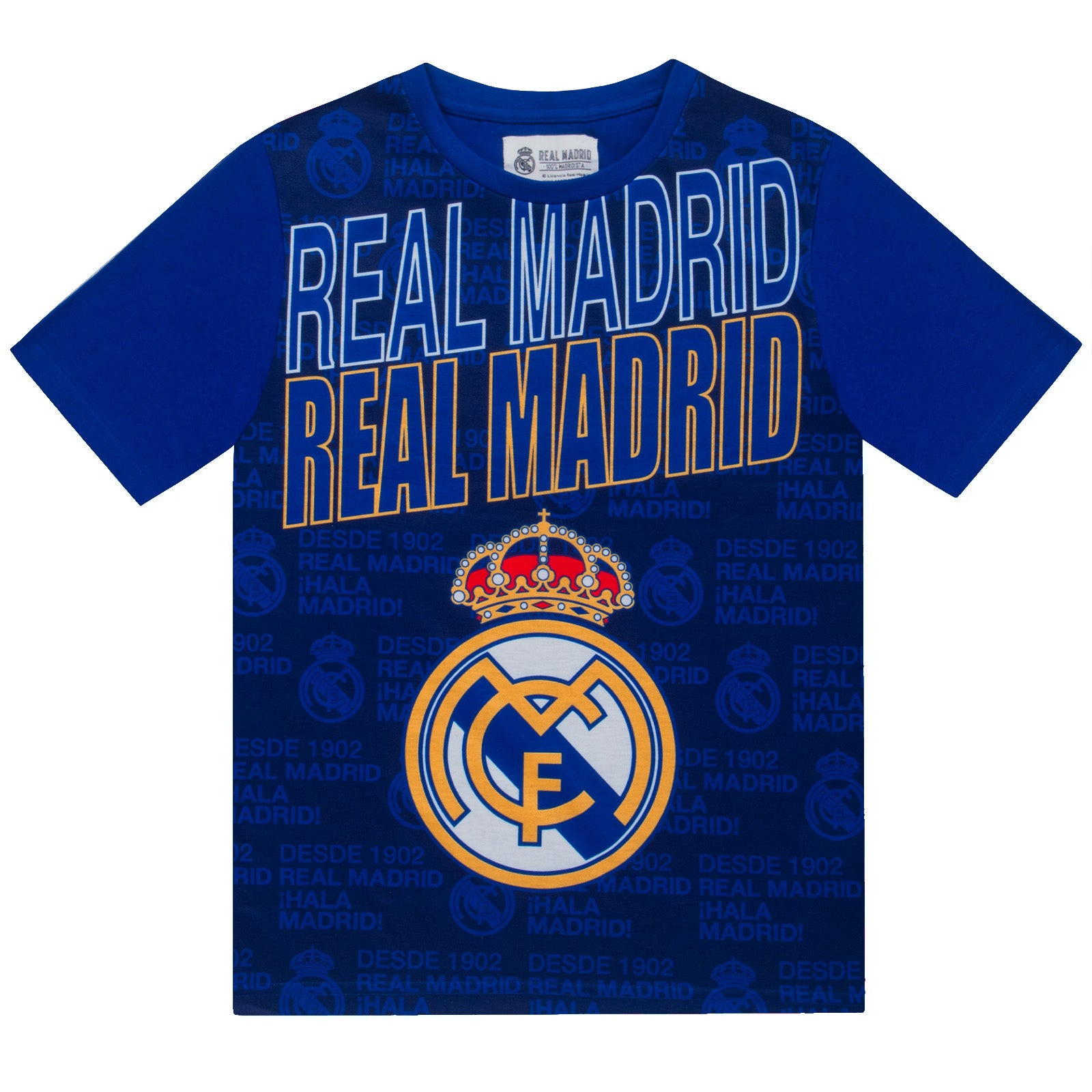 Real Madrid kids short pyjamas in reflex blue. Short sleeve top with graphic club crest and shorts also with crest to the leg