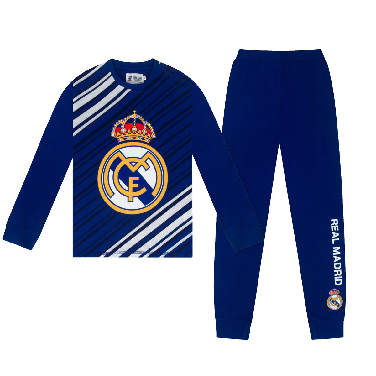 Real Madrid kids long pyjamas in reflex blue. Long sleeve top featuring the club crest. Long legged bottoms with the club crest and Real Madrid Text.