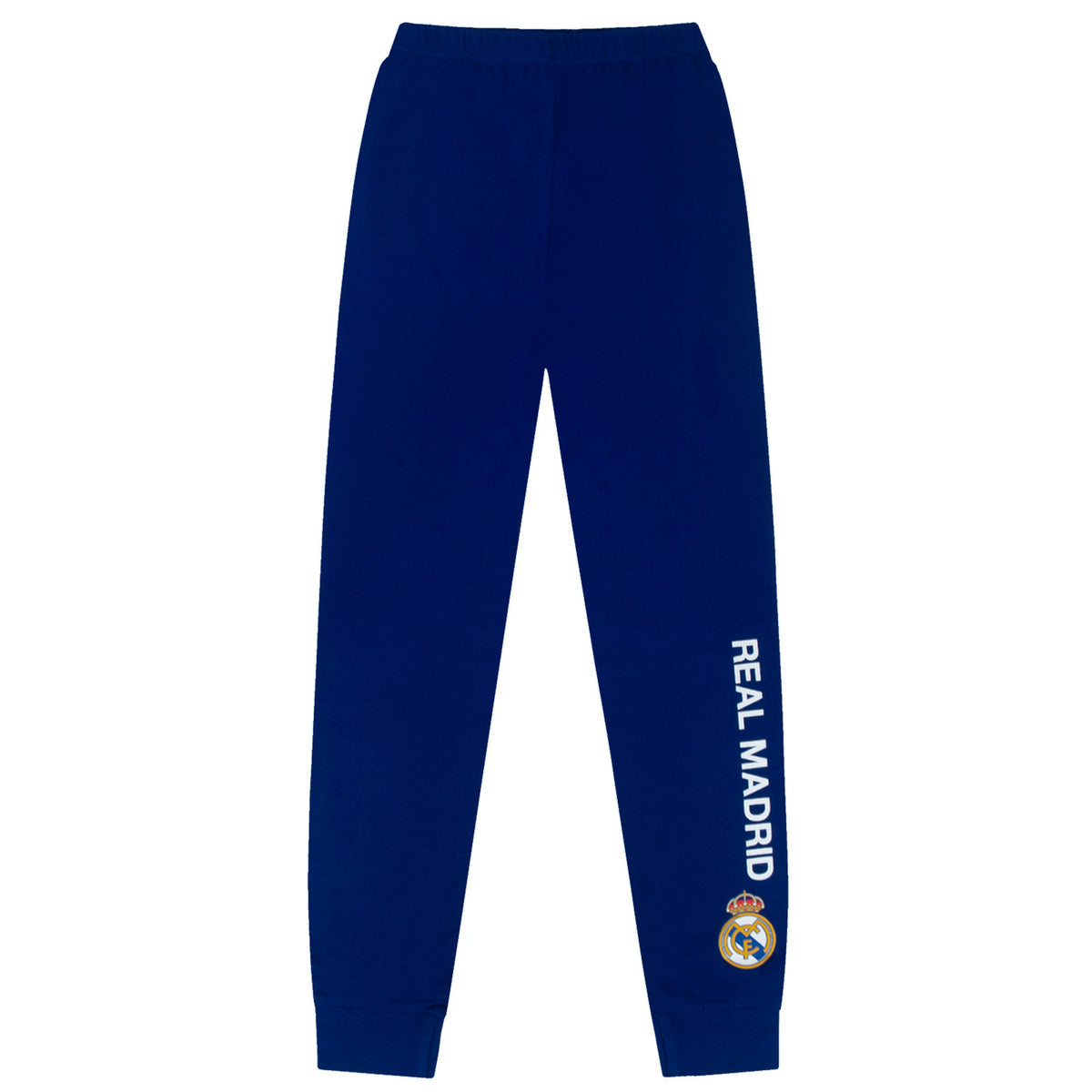 Real Madrid kids long pyjamas in reflex blue. Long sleeve top featuring the club crest. Long legged bottoms with the club crest and Real Madrid Text.