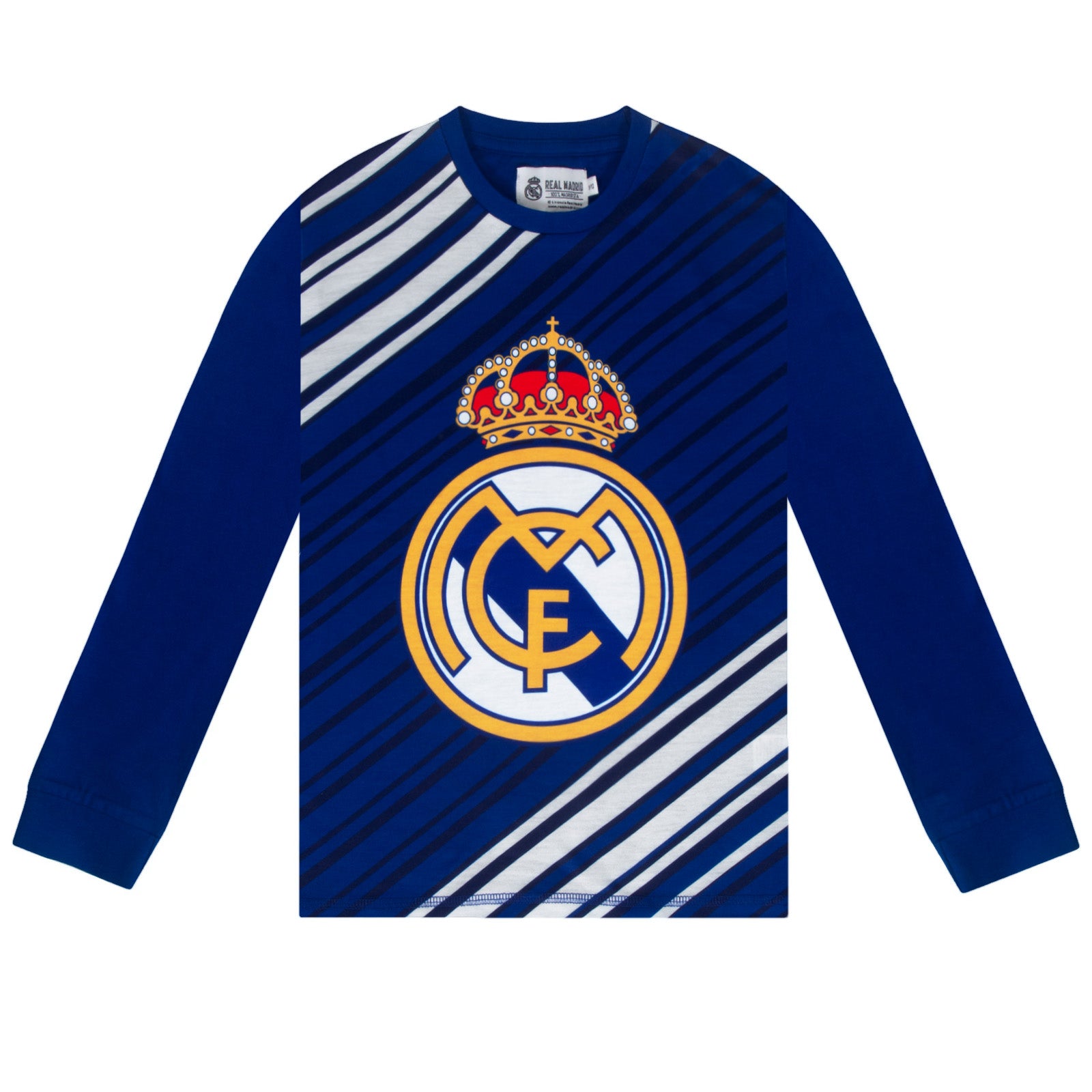 Real Madrid kids long pyjamas in reflex blue. Long sleeve top featuring the club crest. Long legged bottoms with the club crest and Real Madrid Text.