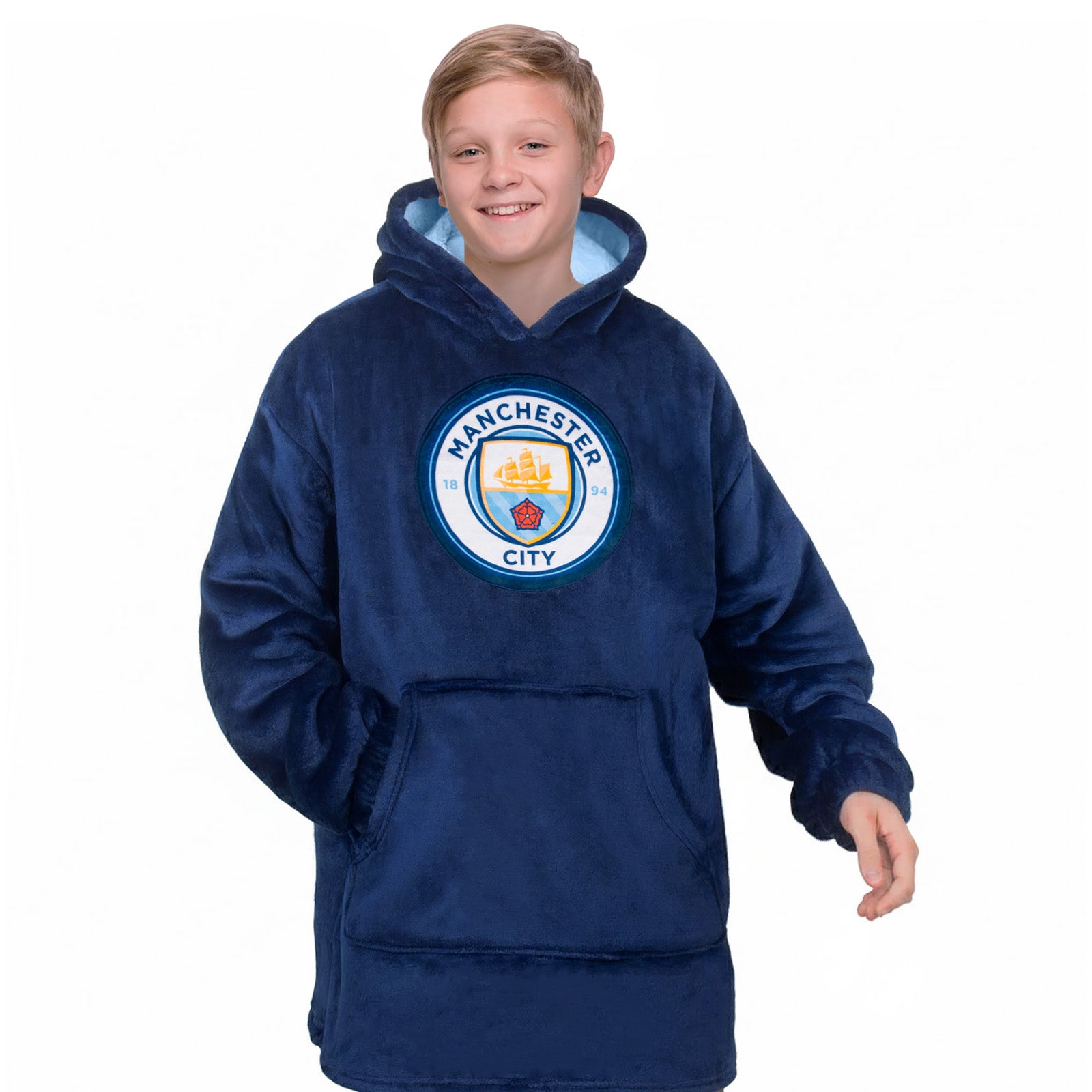 Man City oversized hoodie blanket for kids in navy blue