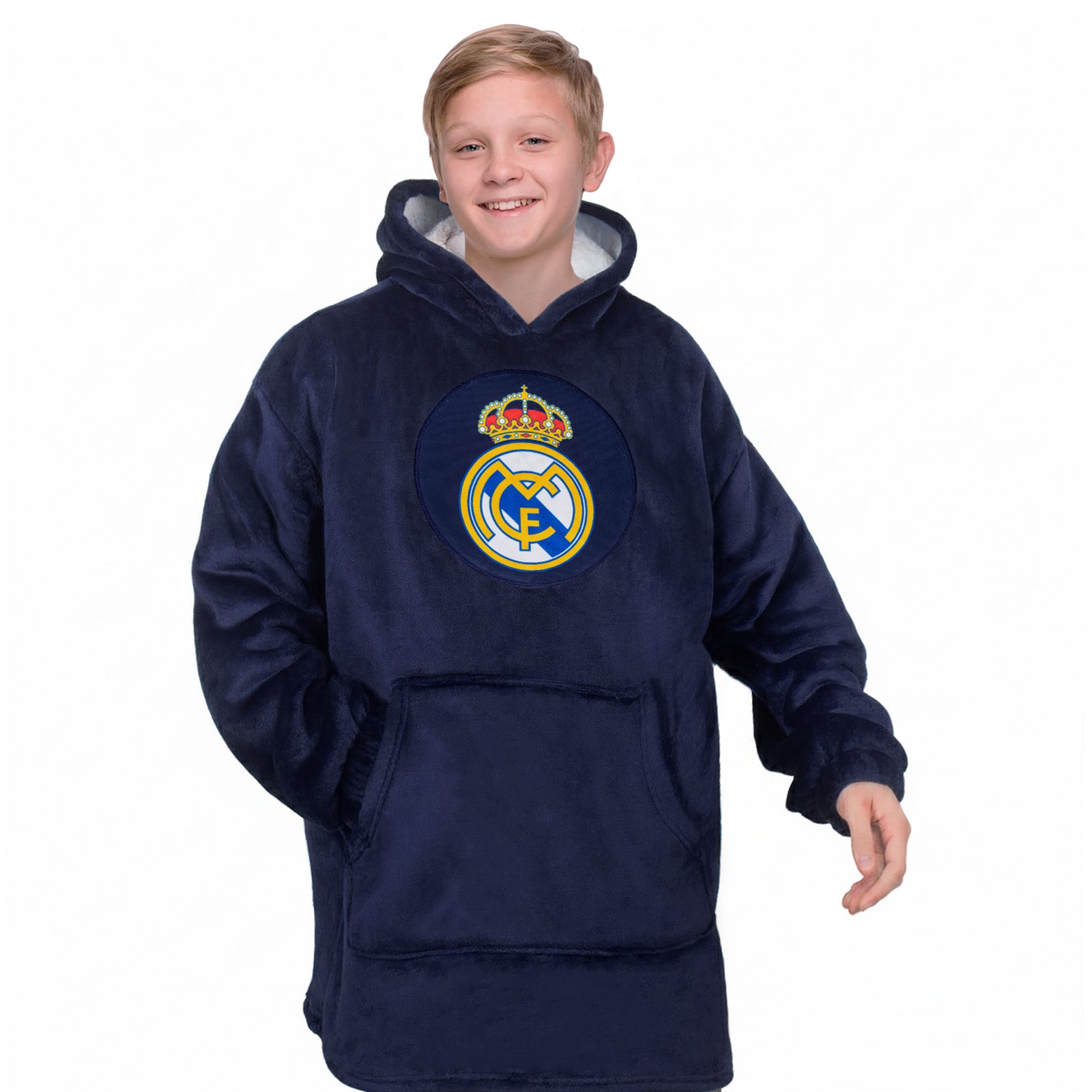 Real Madrid oversized hoodie blanket for kids in navy blue