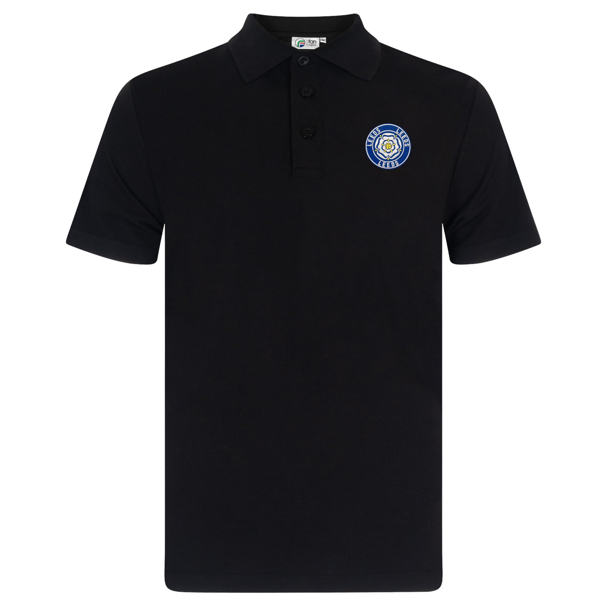 Leeds retro polo shirt in black with a rose embroidered crest applique patch to chest