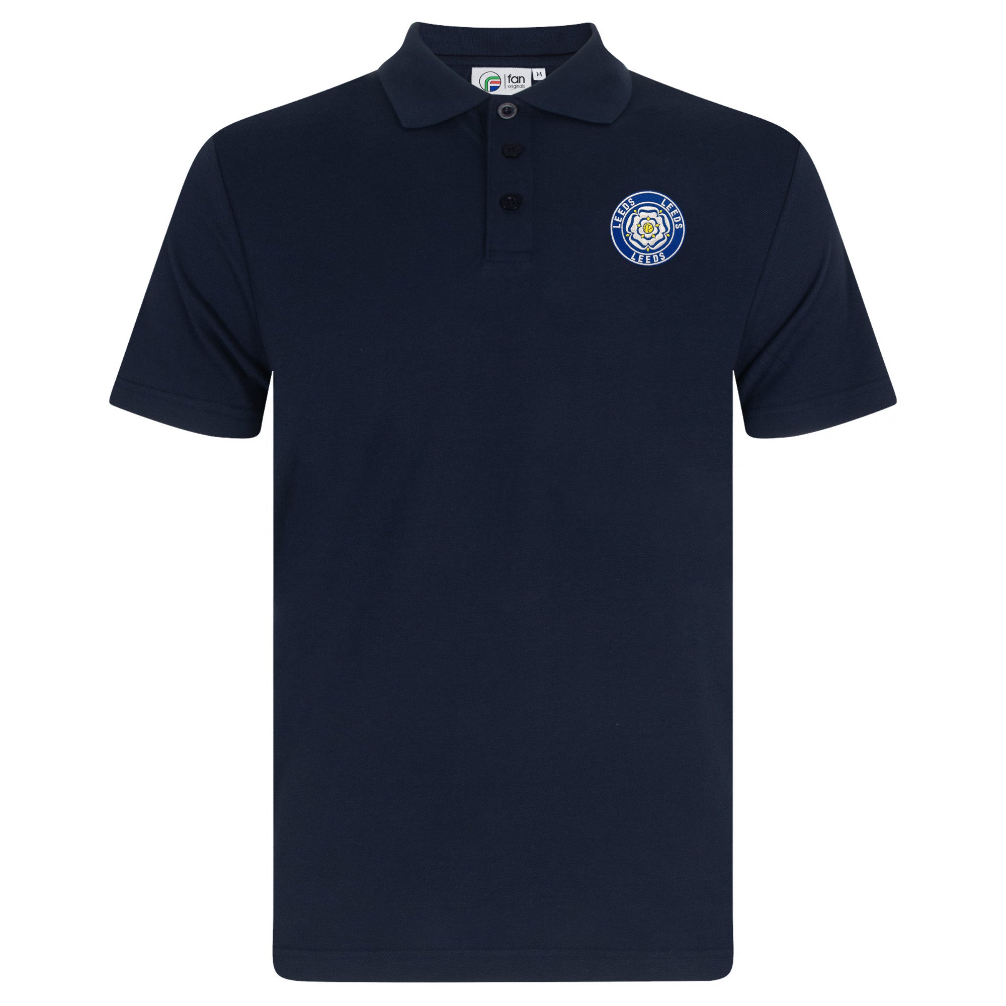 Leeds retro polo shirt in navy with a rose embroidered crest applique patch to chest