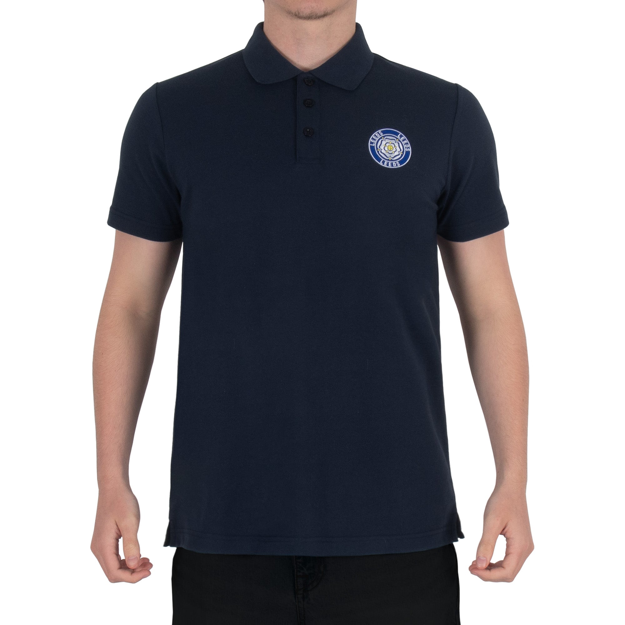 Leeds retro polo shirt in navy with a rose embroidered crest applique patch to chest