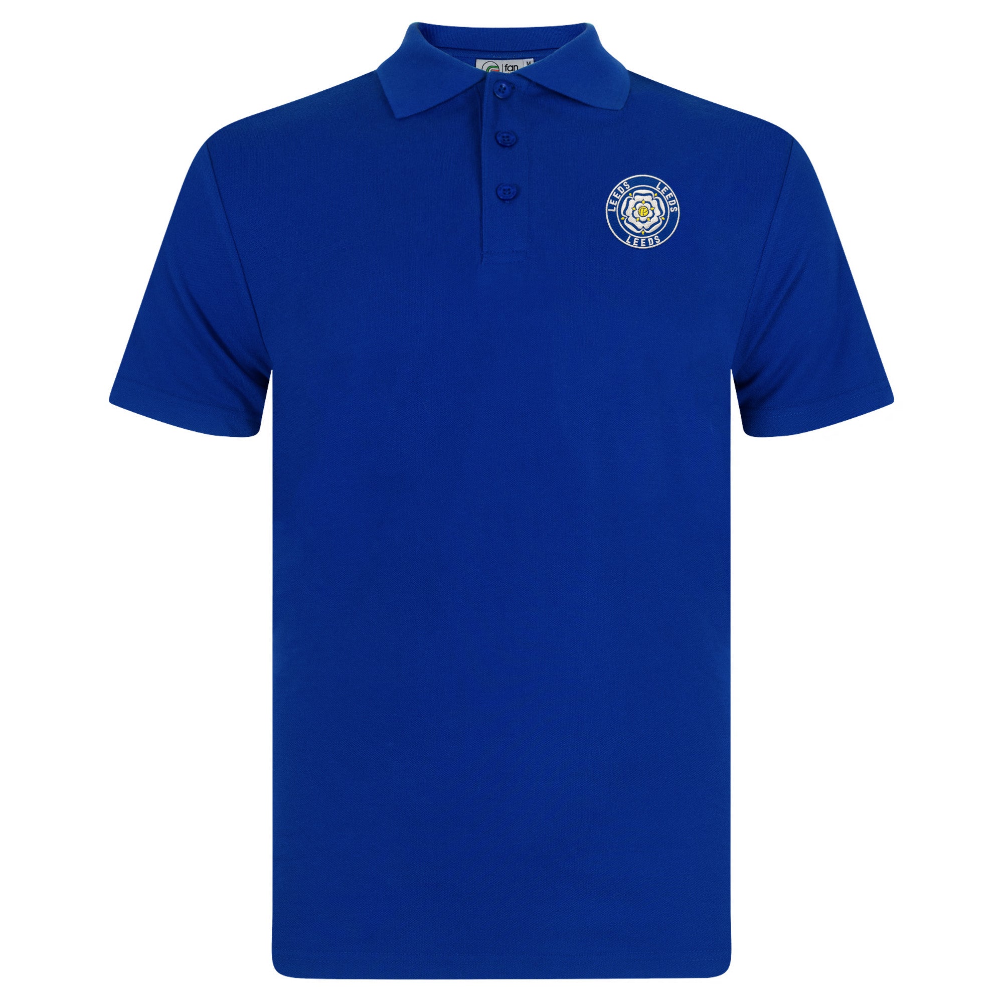 Leeds retro polo shirt in royal with a rose embroidered crest applique patch to chest