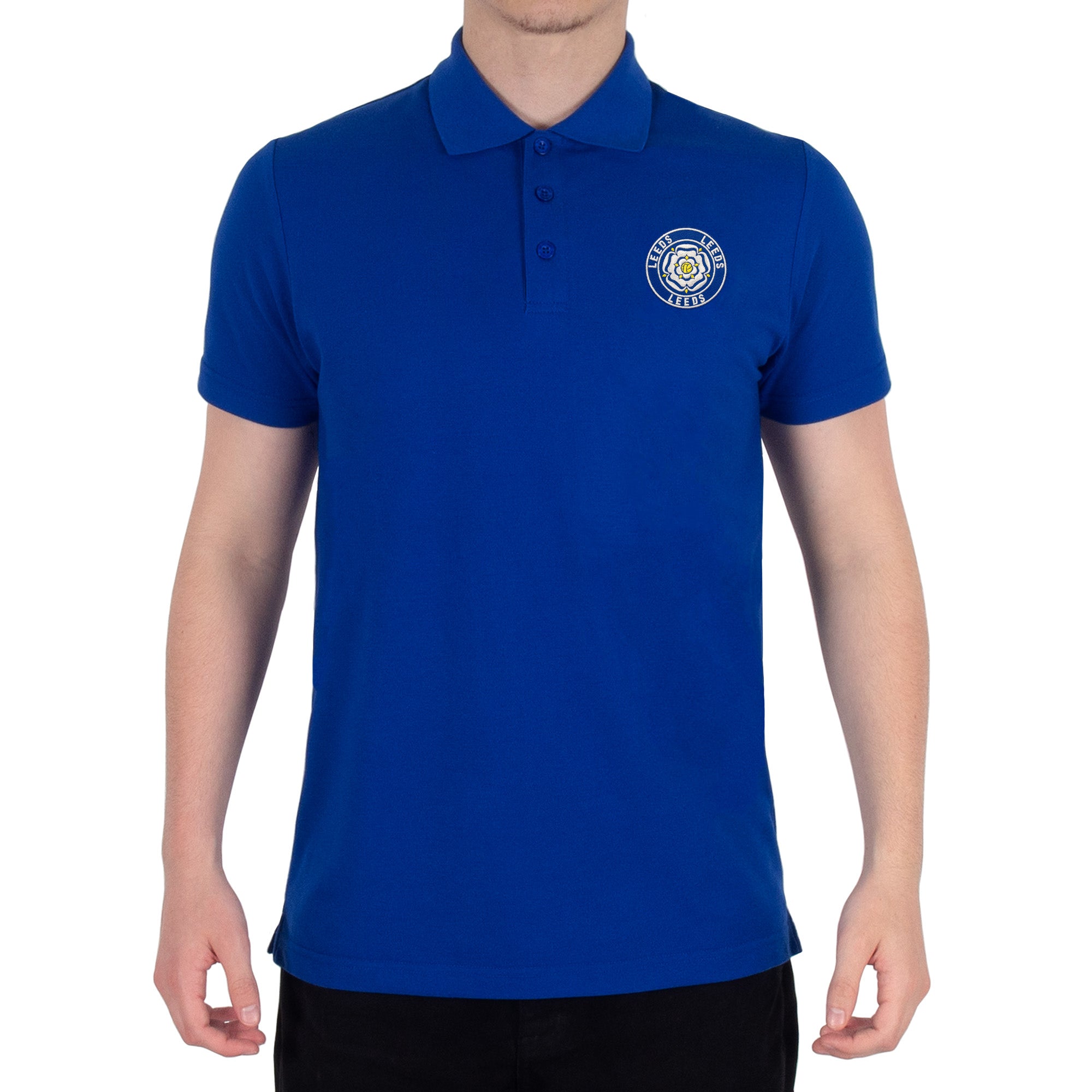 Leeds retro polo shirt in royal with a rose embroidered crest applique patch to chest