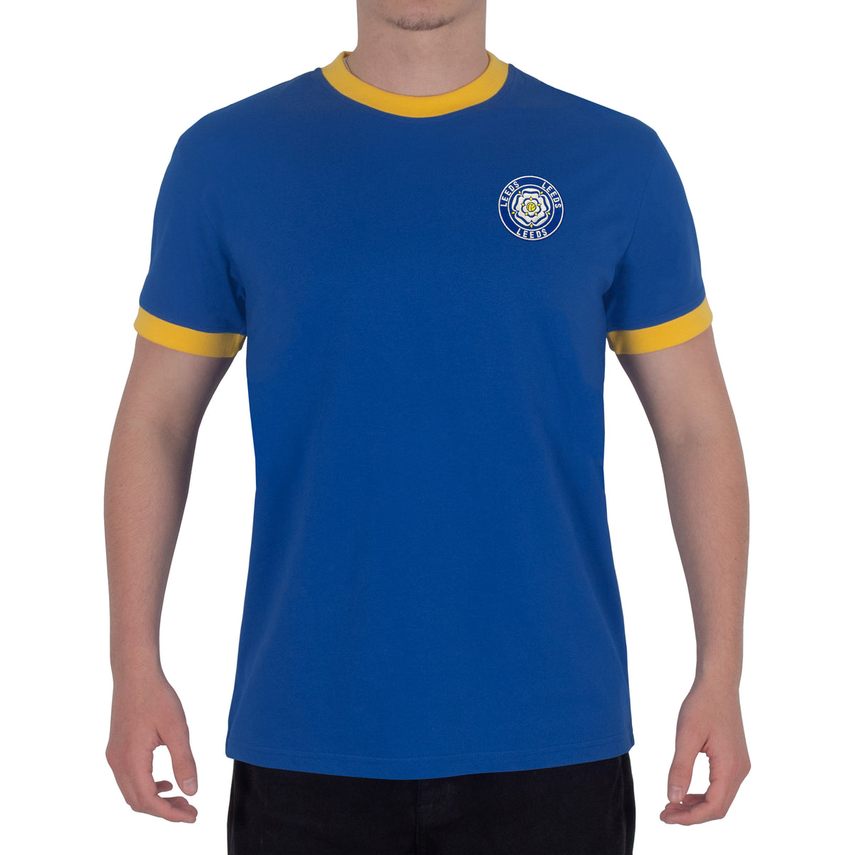 Leeds retro crew neck t-shirt in royal with embroidered applique rose crest