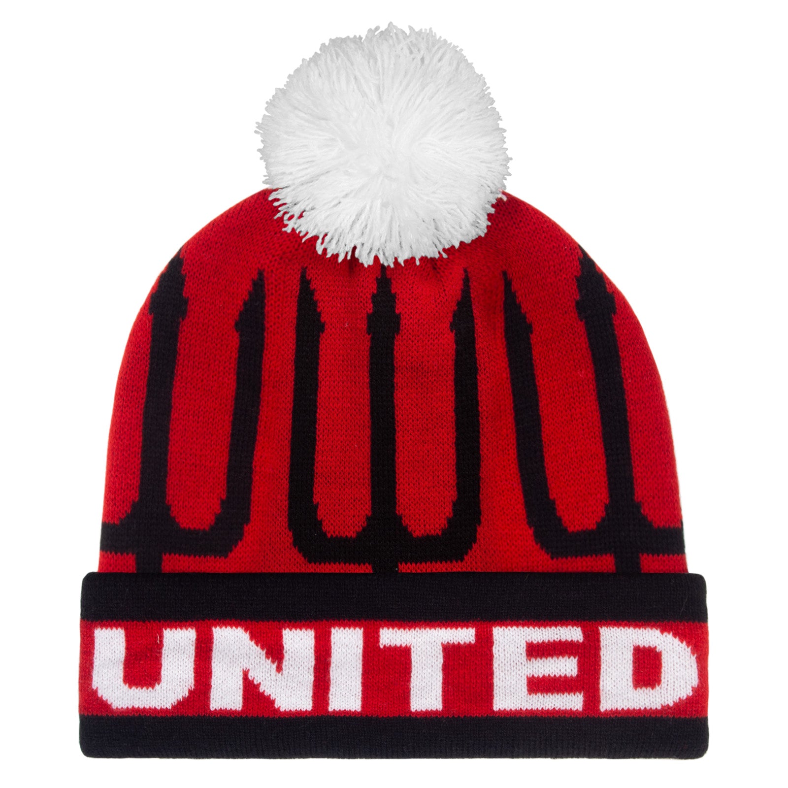 Man United knitted bobble hat in red with text & trident to front