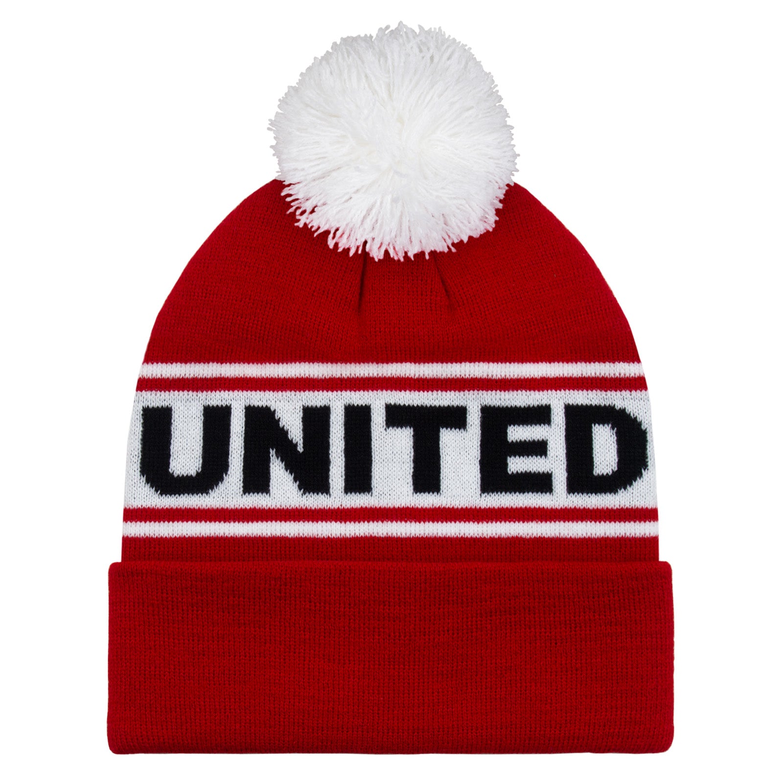 Man United knitted bobble hat in red with text to front