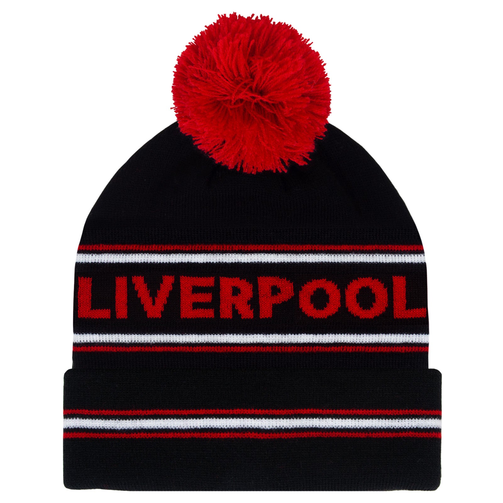 Liverpool knitted bobble hat in black with text to front