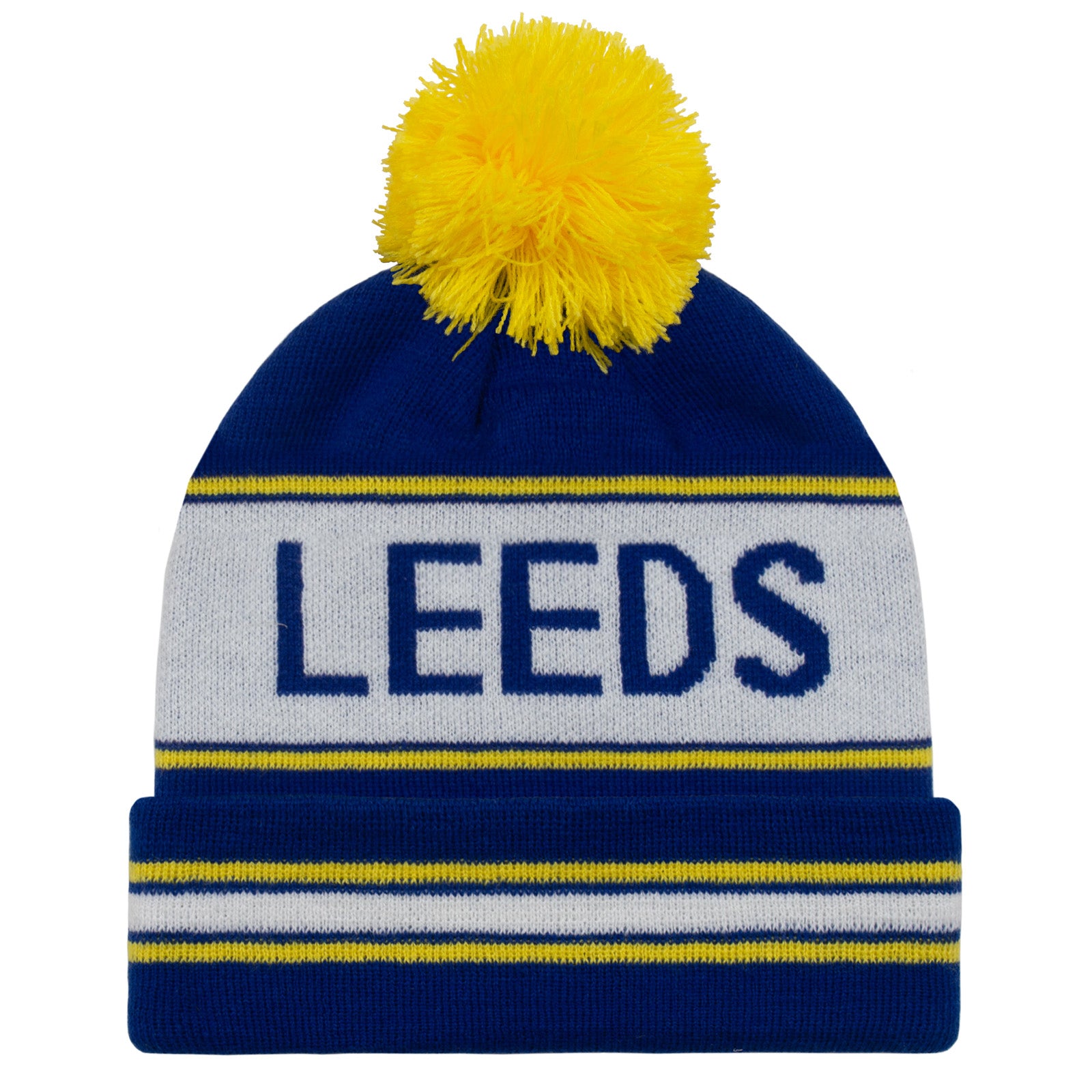Leeds United knitted bobble hat in blue with text to front