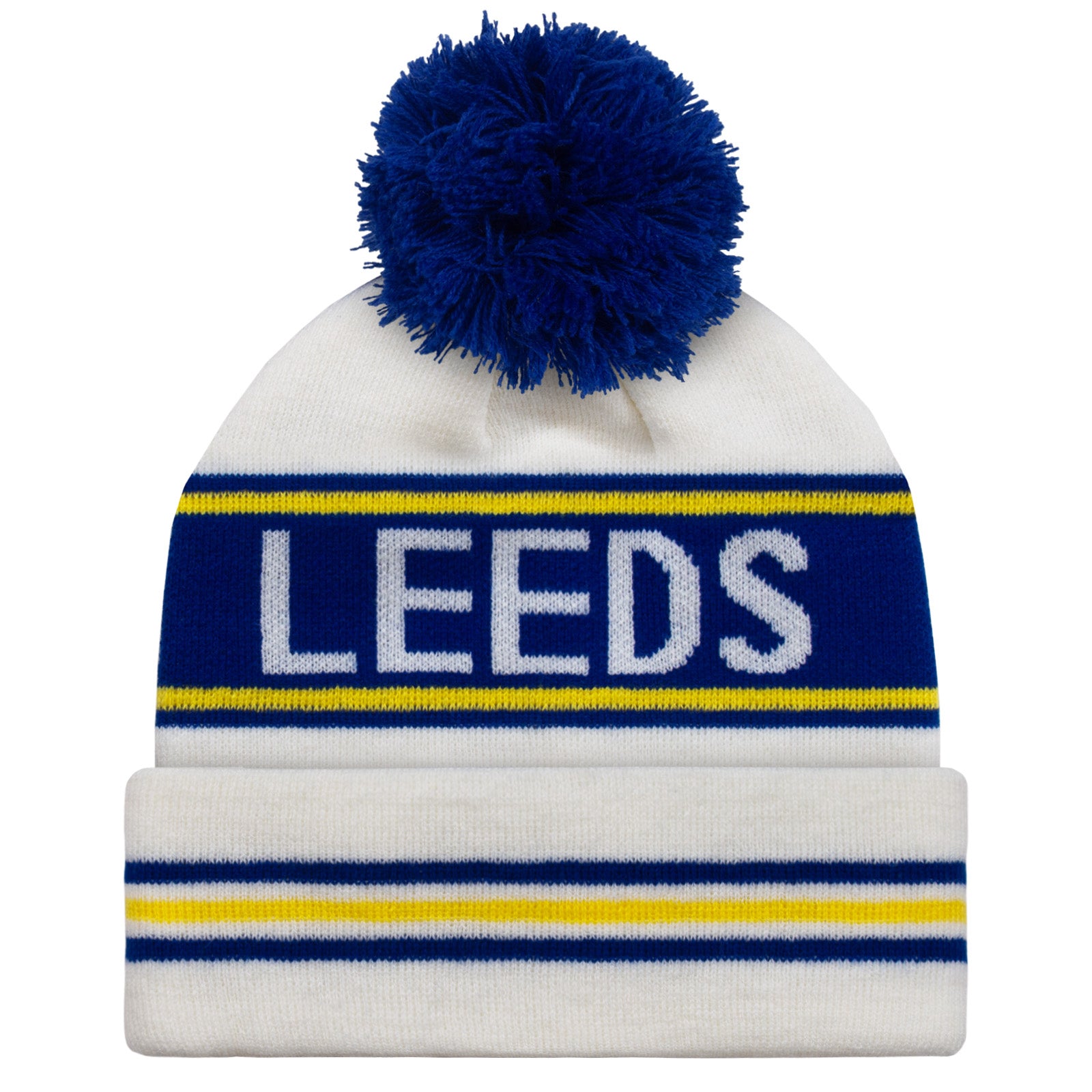 Leeds United knitted bobble hat in white with text to front