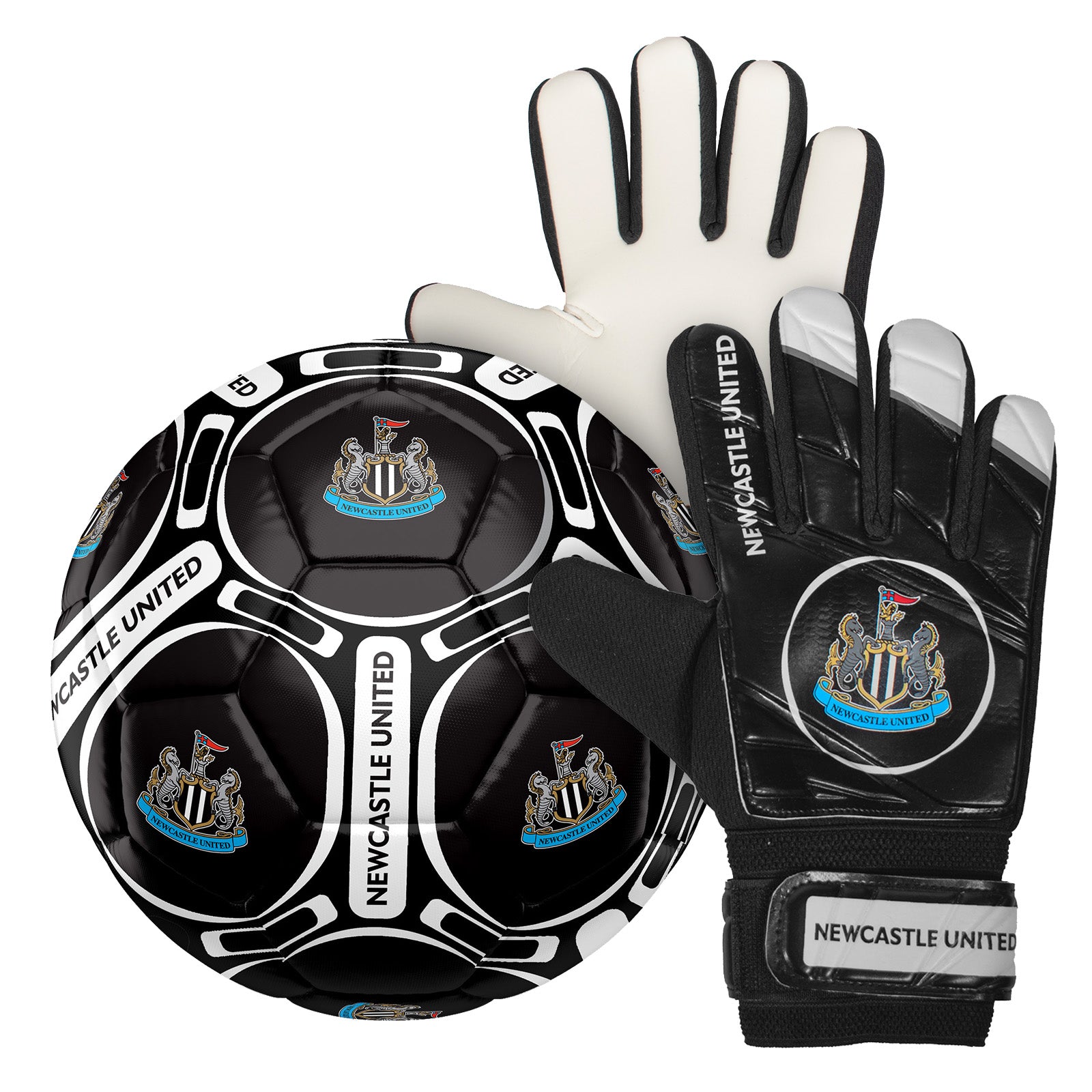 Newcastle United size 4 football & goalie glove set in black with club crest & text to each item