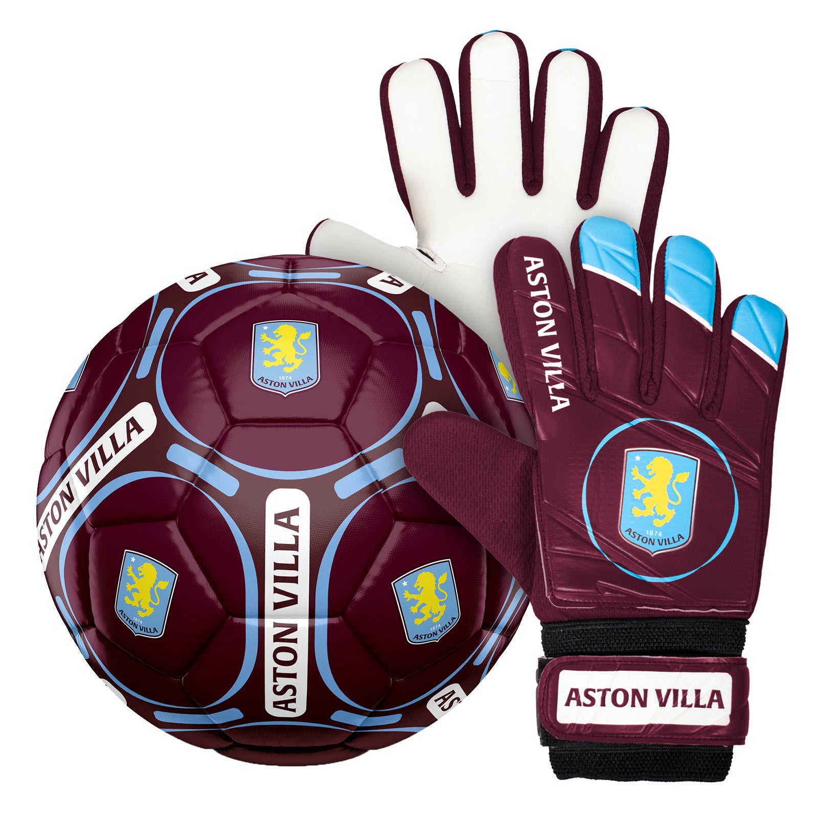 Aston Villa size 4 football & goalie glove set in claret with club crest & text to each item