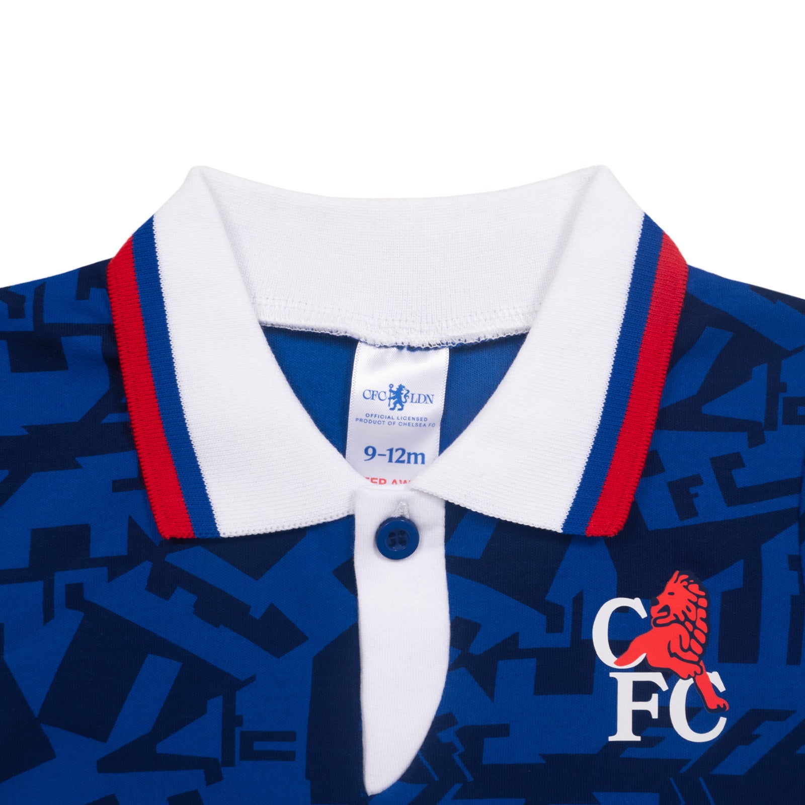 Chelsea FC baby sleepsuit in retro 1992 home kit colours