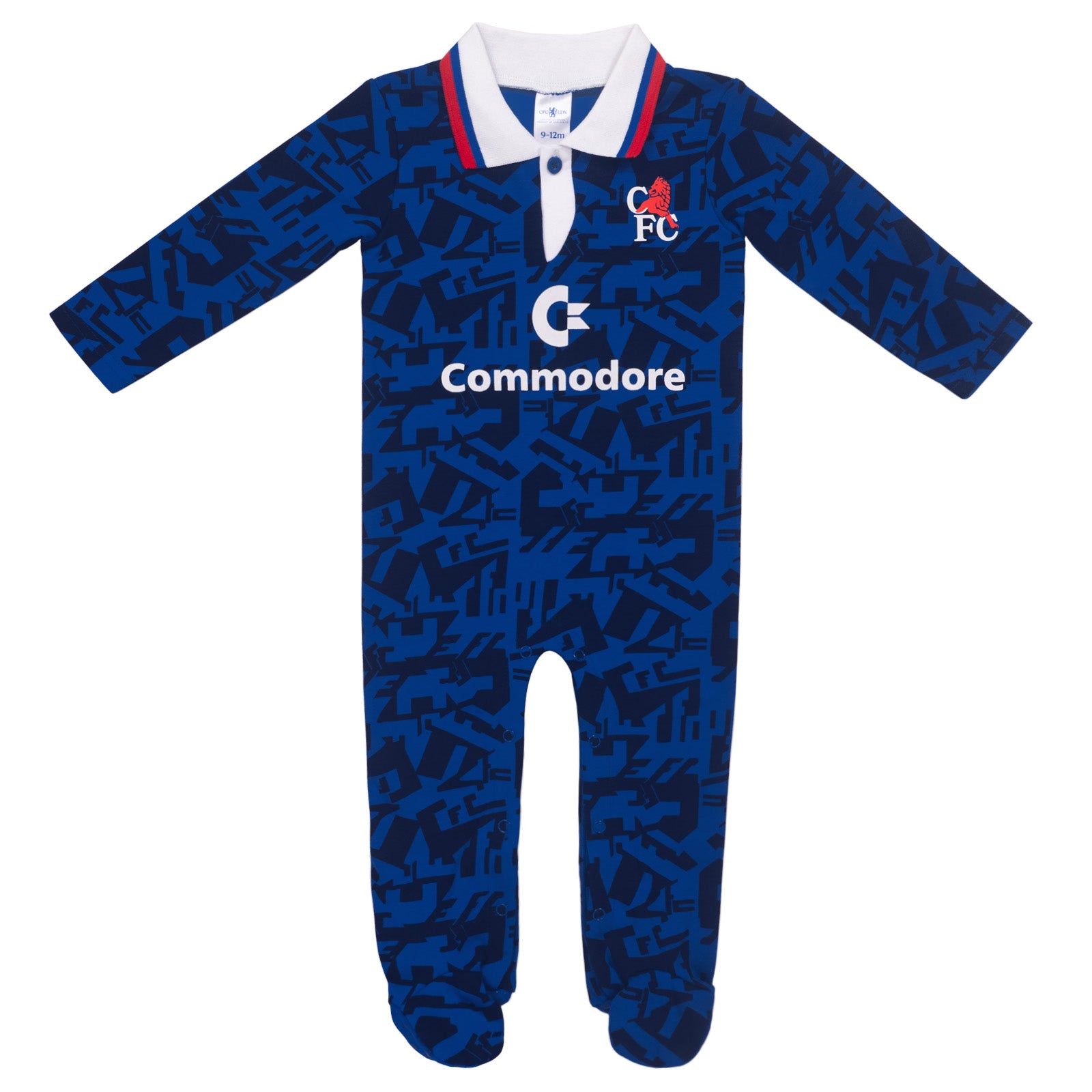 Chelsea FC baby sleepsuit in retro 1992 home kit colours