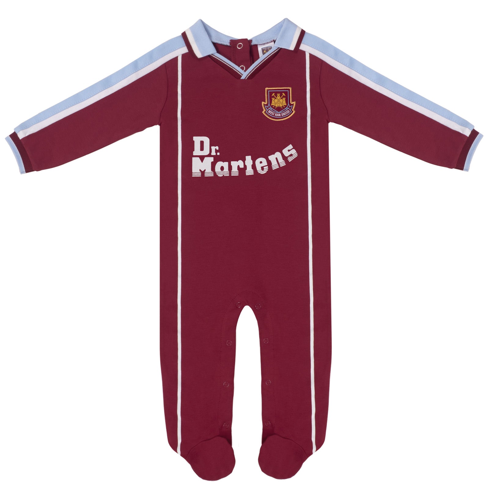 West Ham United FC baby sleepsuit in retro 2000 home kit colours