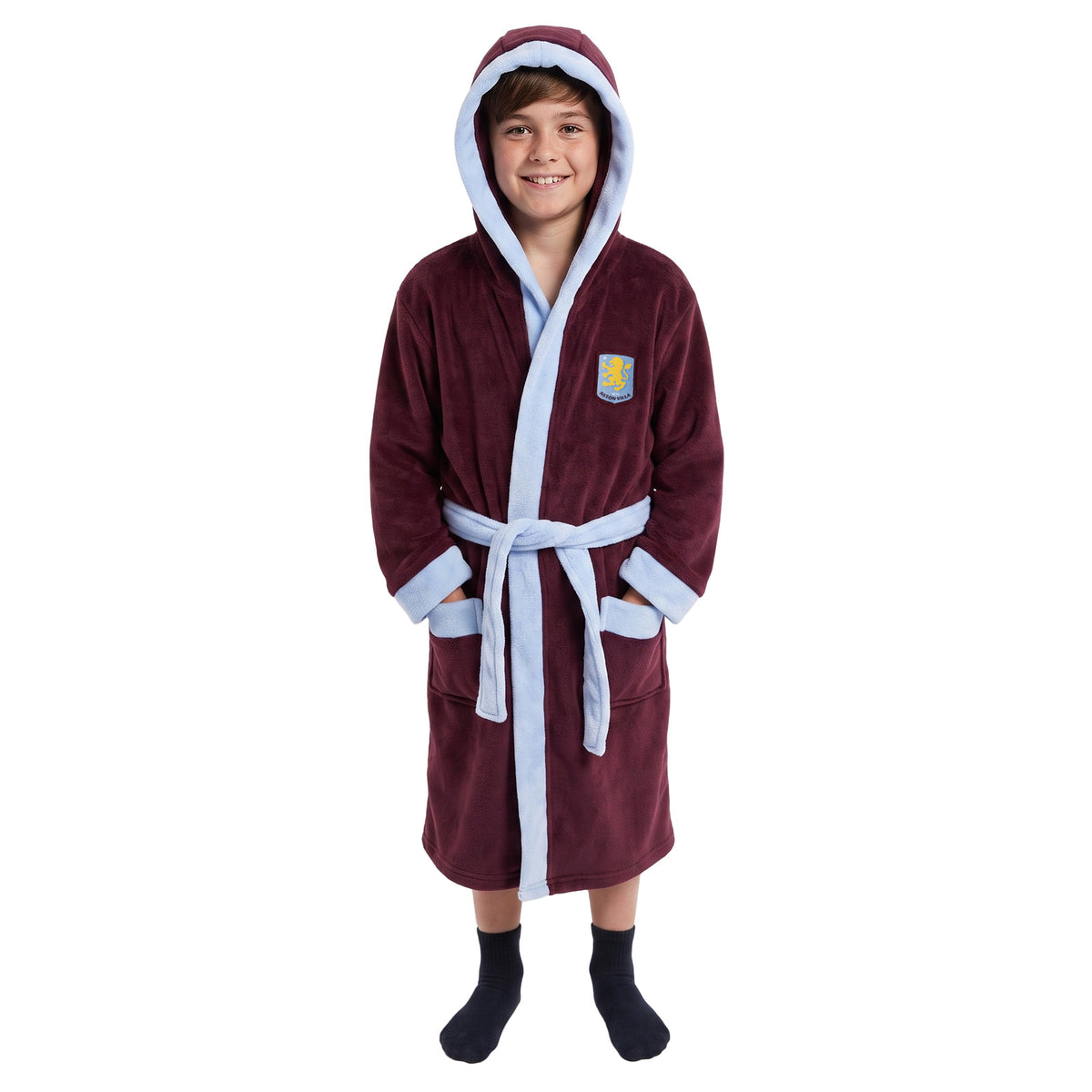 Aston Villa kids hooded dressing gown in claret & blue with club crest on the chest.