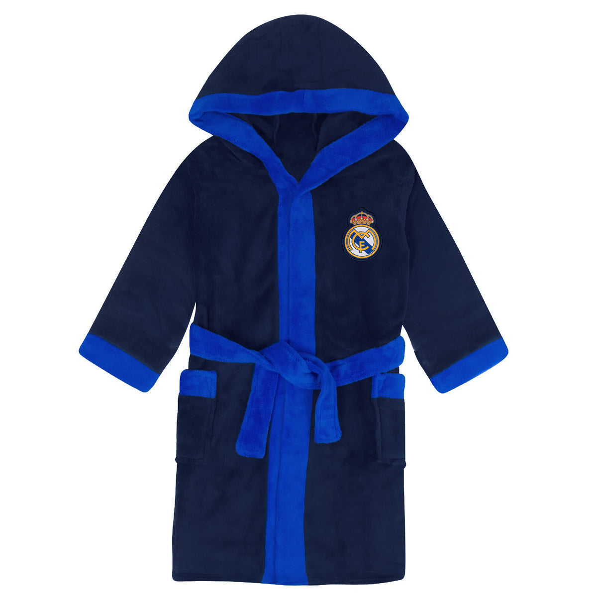 Real Madrid adults dressing gown in navy blue with club crest to chest.