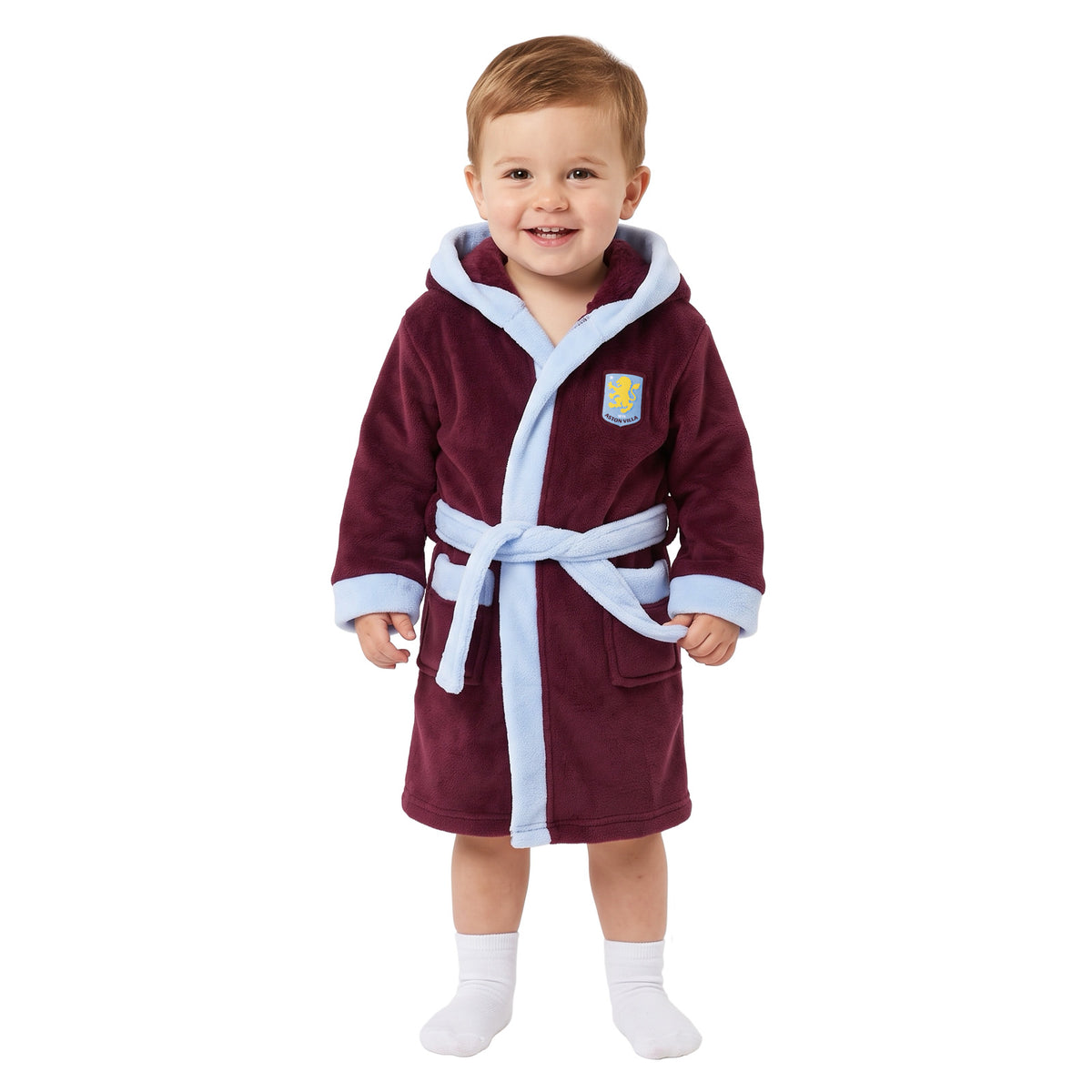 Aston Villa baby dressing gown in claret with contrast blue trims and tiebelt
