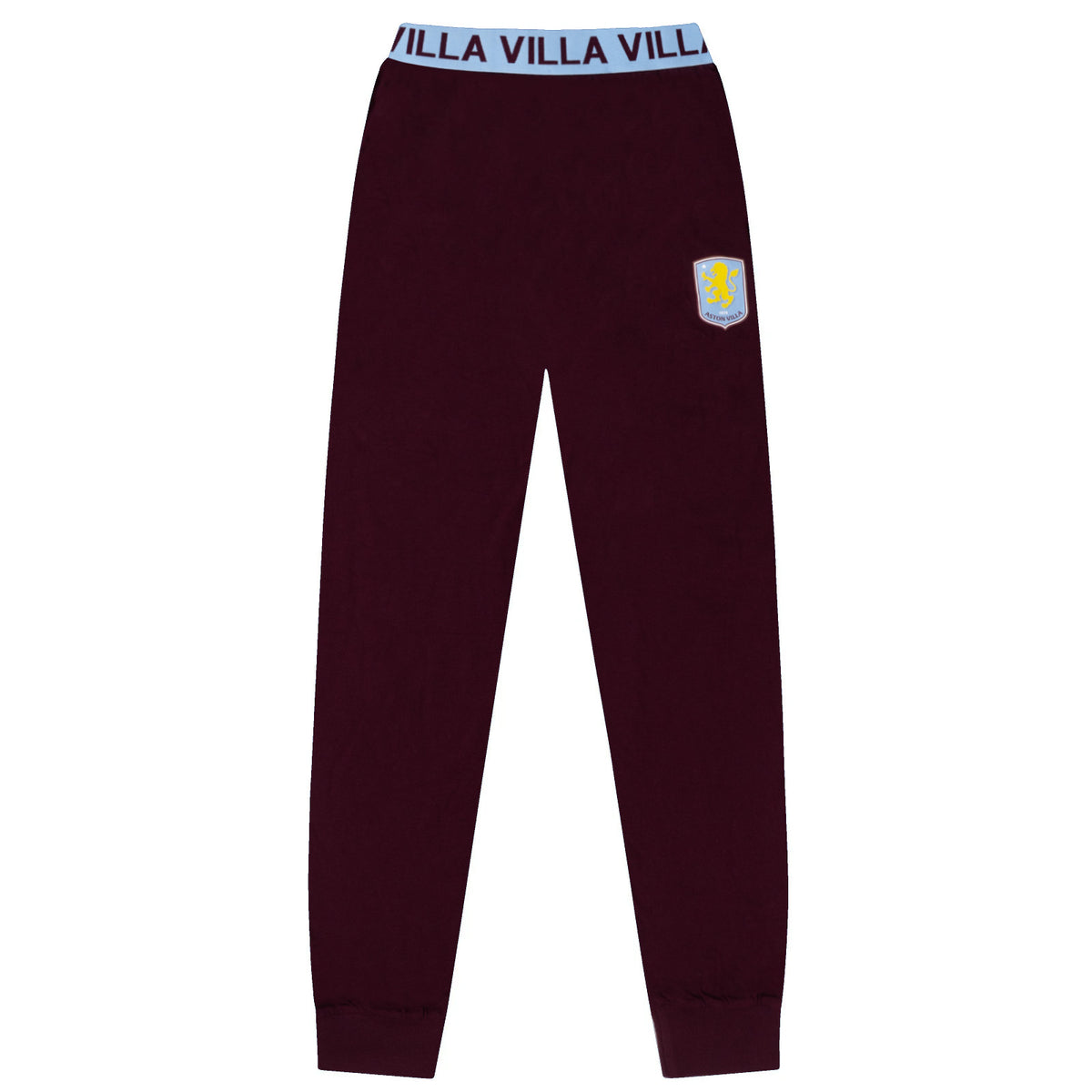 Aston Villa adults long pyjamas in claret and blue. Short sleeve top featuring club crest to chest. Long bottoms with club crest to leg and VILLA text on the waistband
