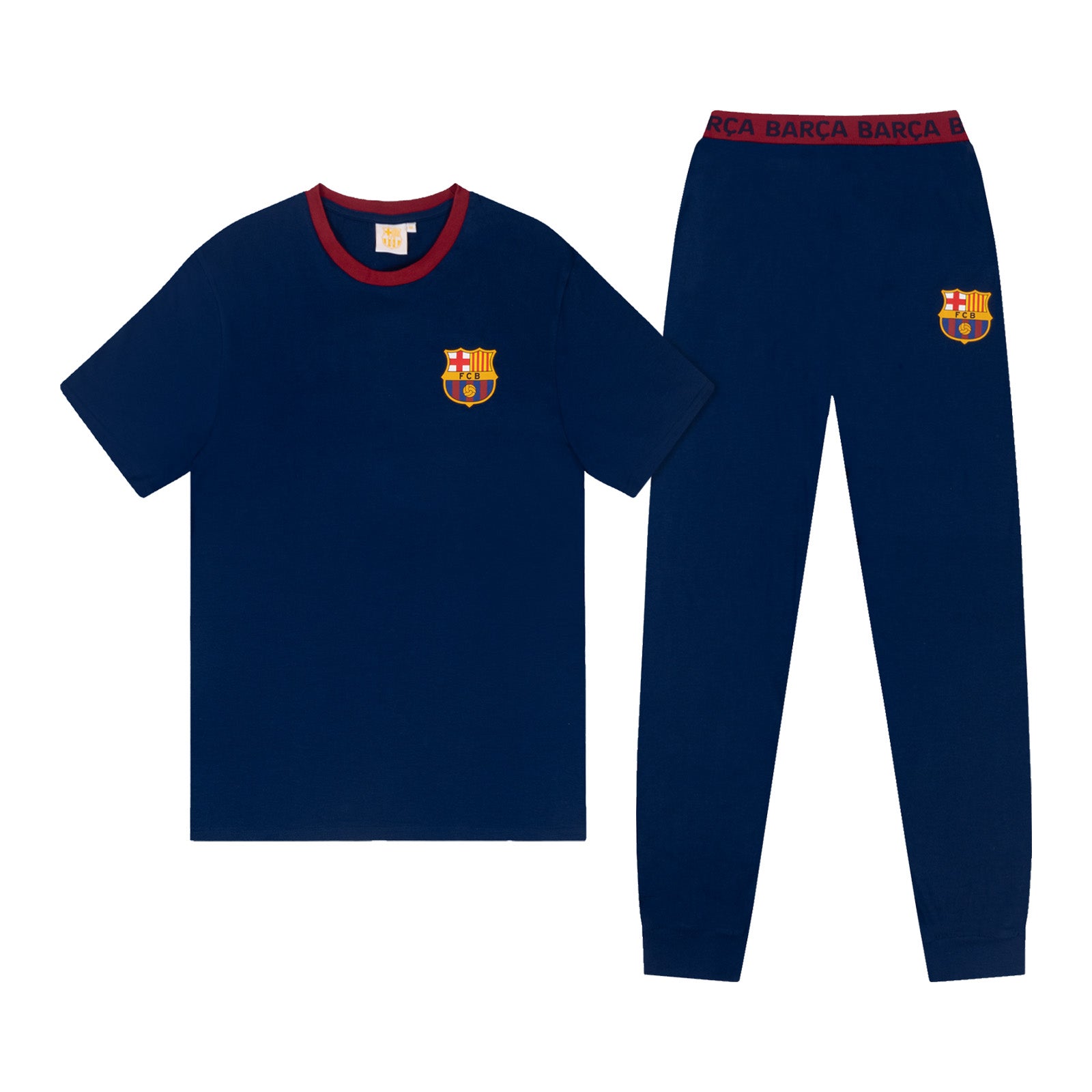 FC Barcelona adults long pyjamas in navy blue. Short sleeve top featuring club crest to chest. Long bottoms with club crest to leg and BARCA text on the waistband