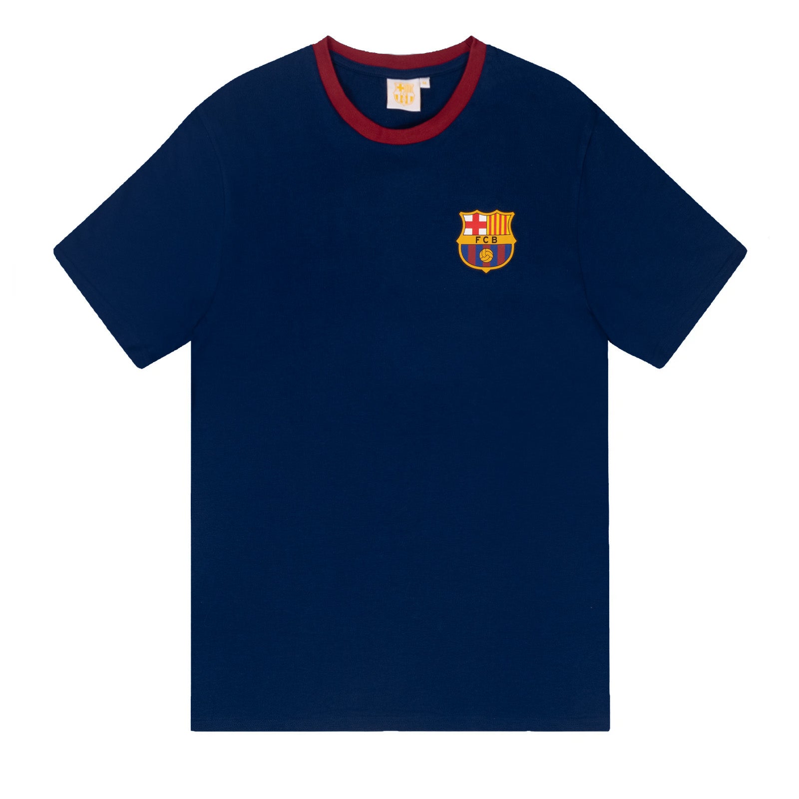 FC Barcelona adults long pyjamas in navy blue. Short sleeve top featuring club crest to chest. Long bottoms with club crest to leg and BARCA text on the waistband