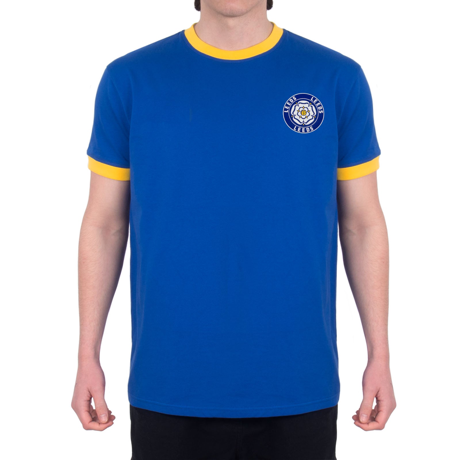 Leeds retro t-shirt in white & royal with printed crest