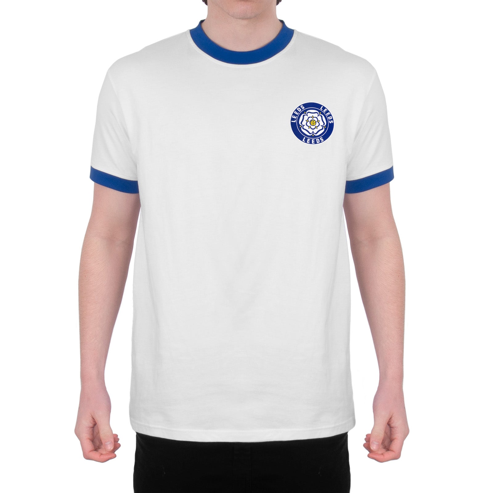 Leeds retro t-shirt in white & royal with printed crest