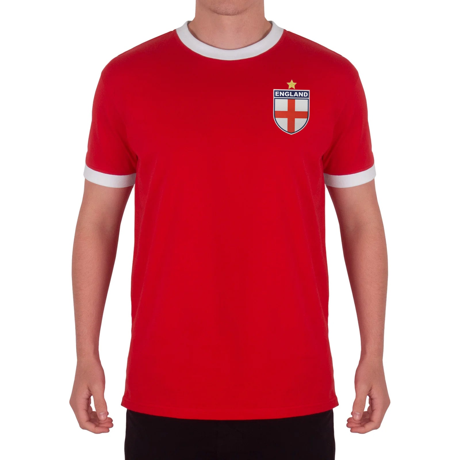 England adults retro ringer t-shirt in white with contrast red trims and logo to chest