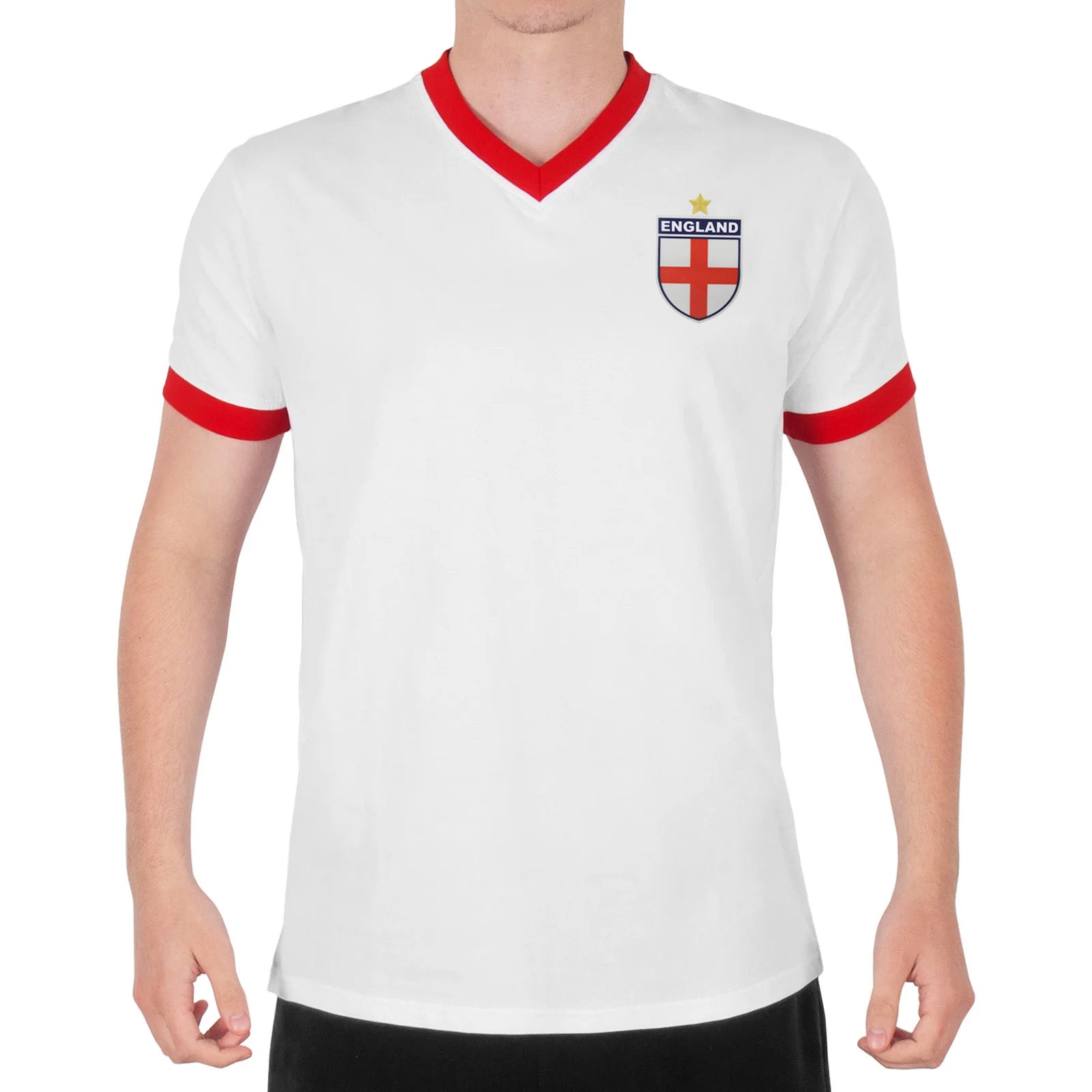 England adults retro ringer v-neck t-shirt in white with contrast red trims and logo to chest