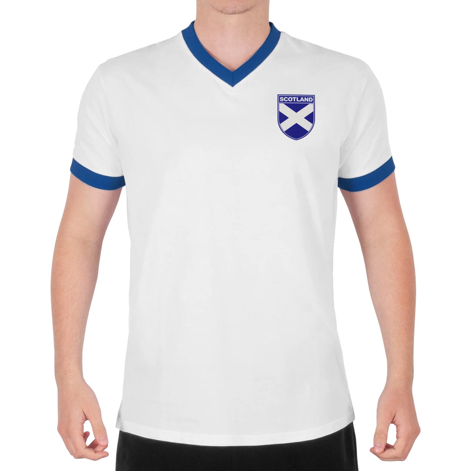 Scotland adults retro ringer v-neck t-shirt in white with contrast blue trims and logo to chest