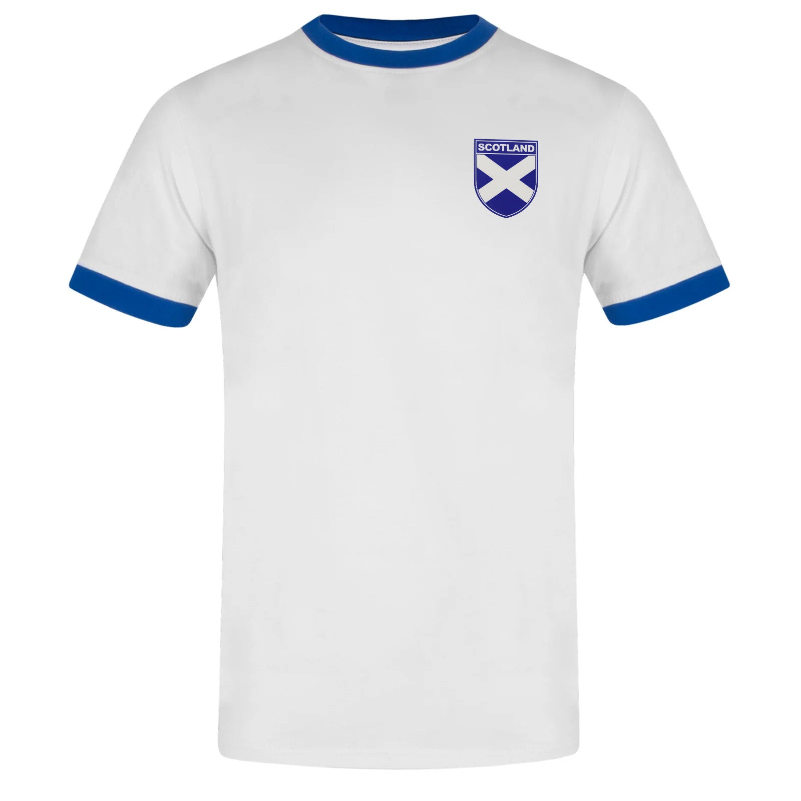 Scotland adults retro ringer crew neck t-shirt in white with contrast blue trims and logo to chest