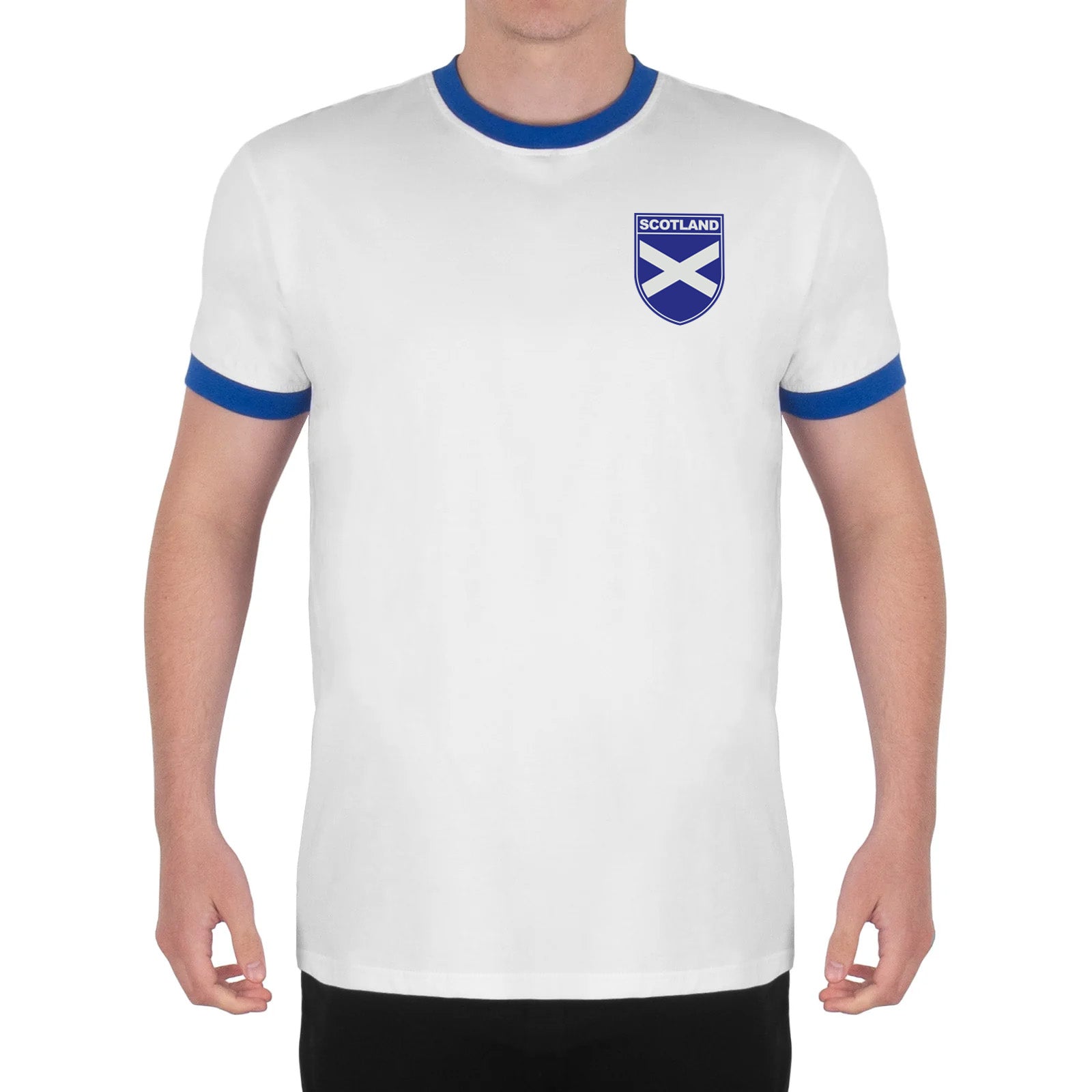 Scotland adults retro ringer crew neck t-shirt in white with contrast blue trims and logo to chest