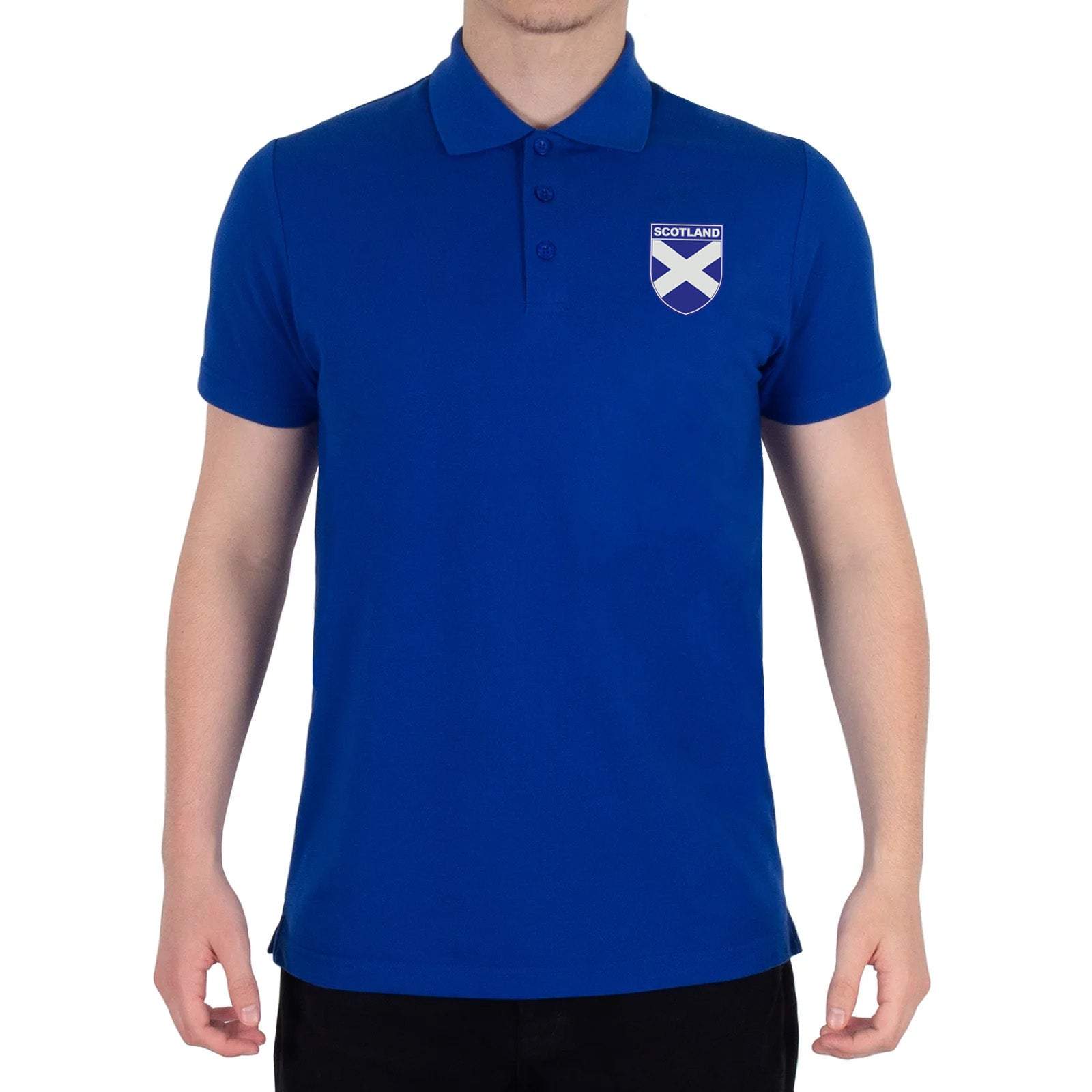 Scotland retro polo shirt in black, navy, royal & white with printed logo on the chest
