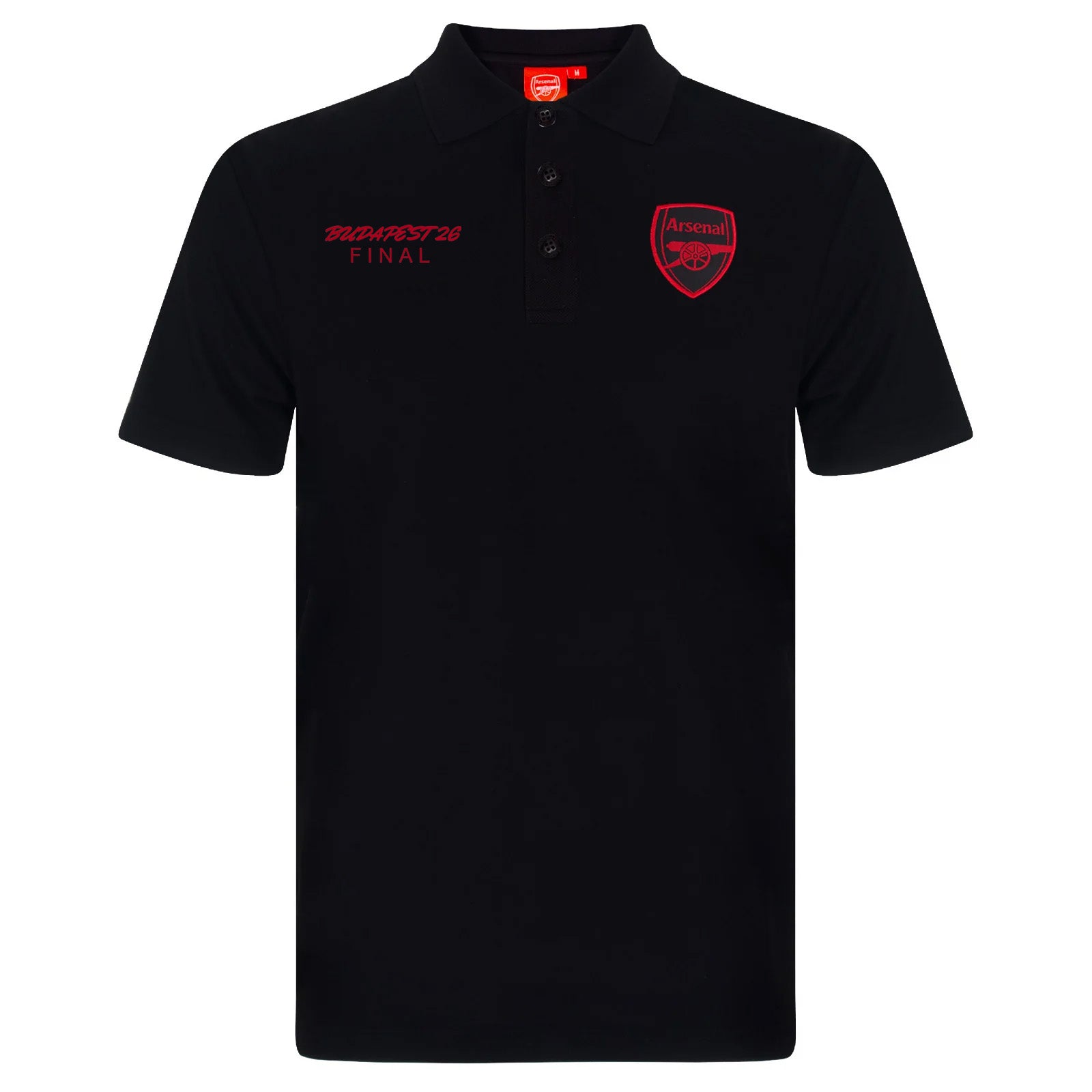 Arsenal polo shirt for adults in black featuring the club crest and budapest 2026 graphic to the chest