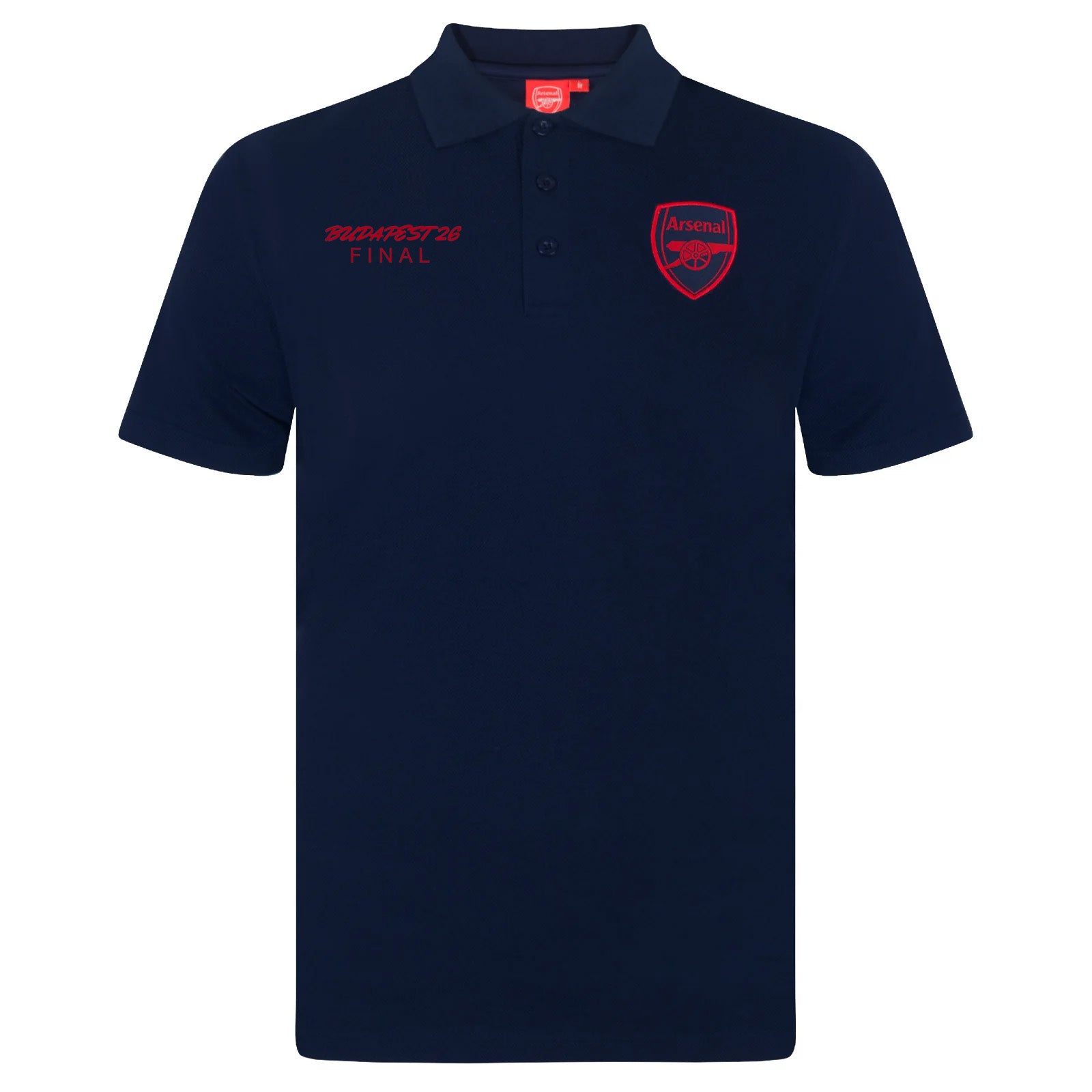 Arsenal polo shirt for adults in navy blue featuring the club crest and budapest 2026 graphic to the chest