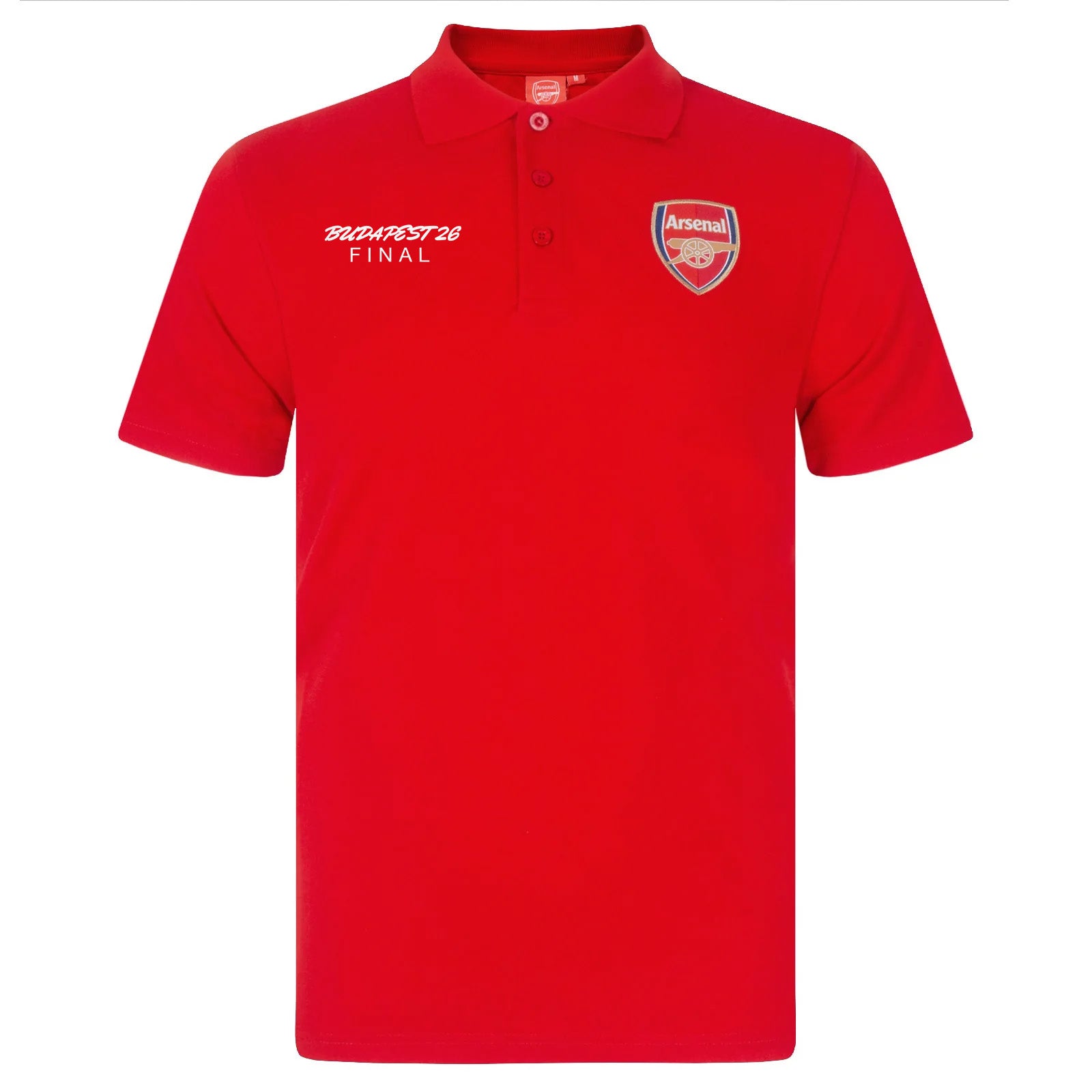 Arsenal polo shirt for adults in red featuring the club crest and budapest 2026 graphic to the chest