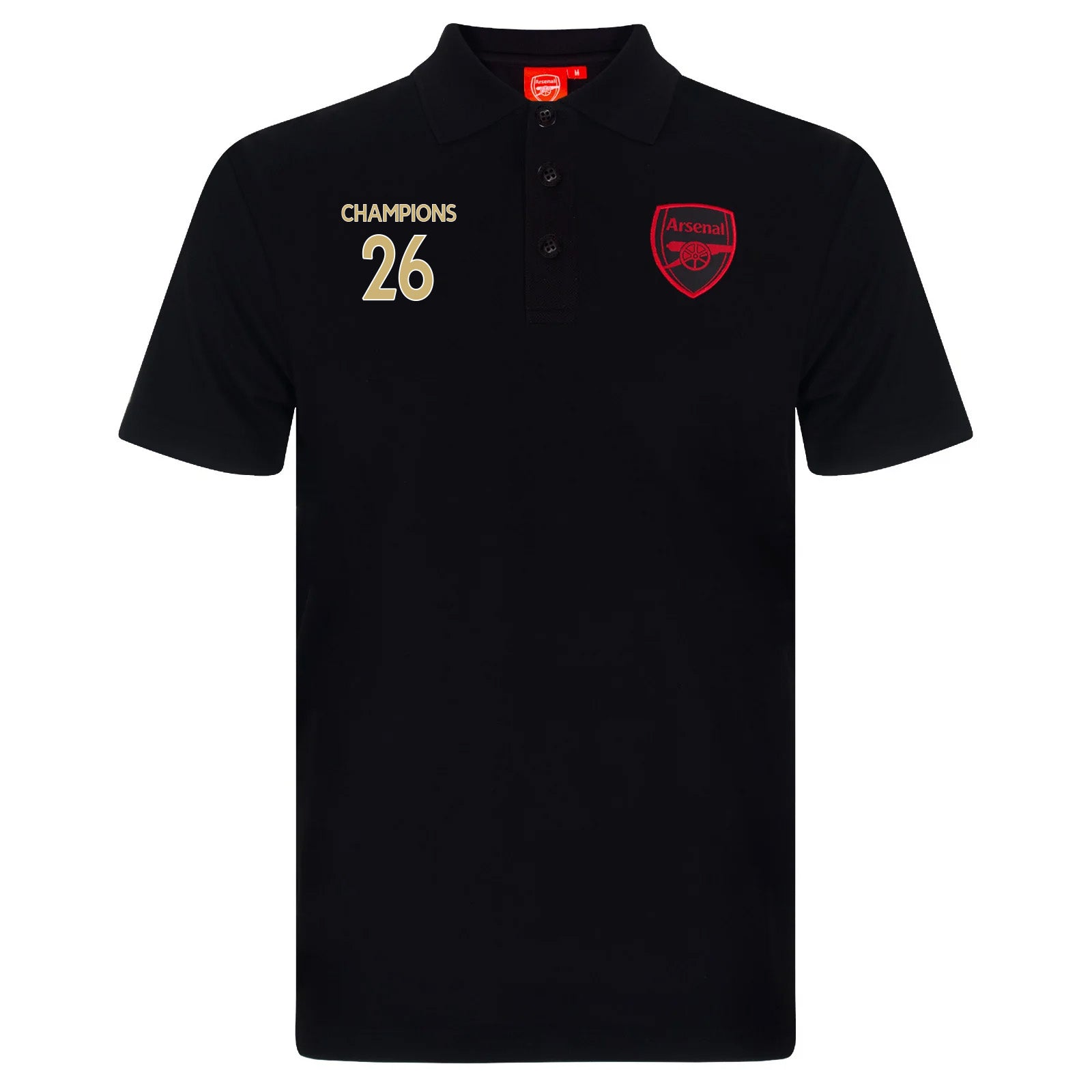 Arsenal polo shirt for adults in black featuring the club crest and Champions 2026 graphic to the chest