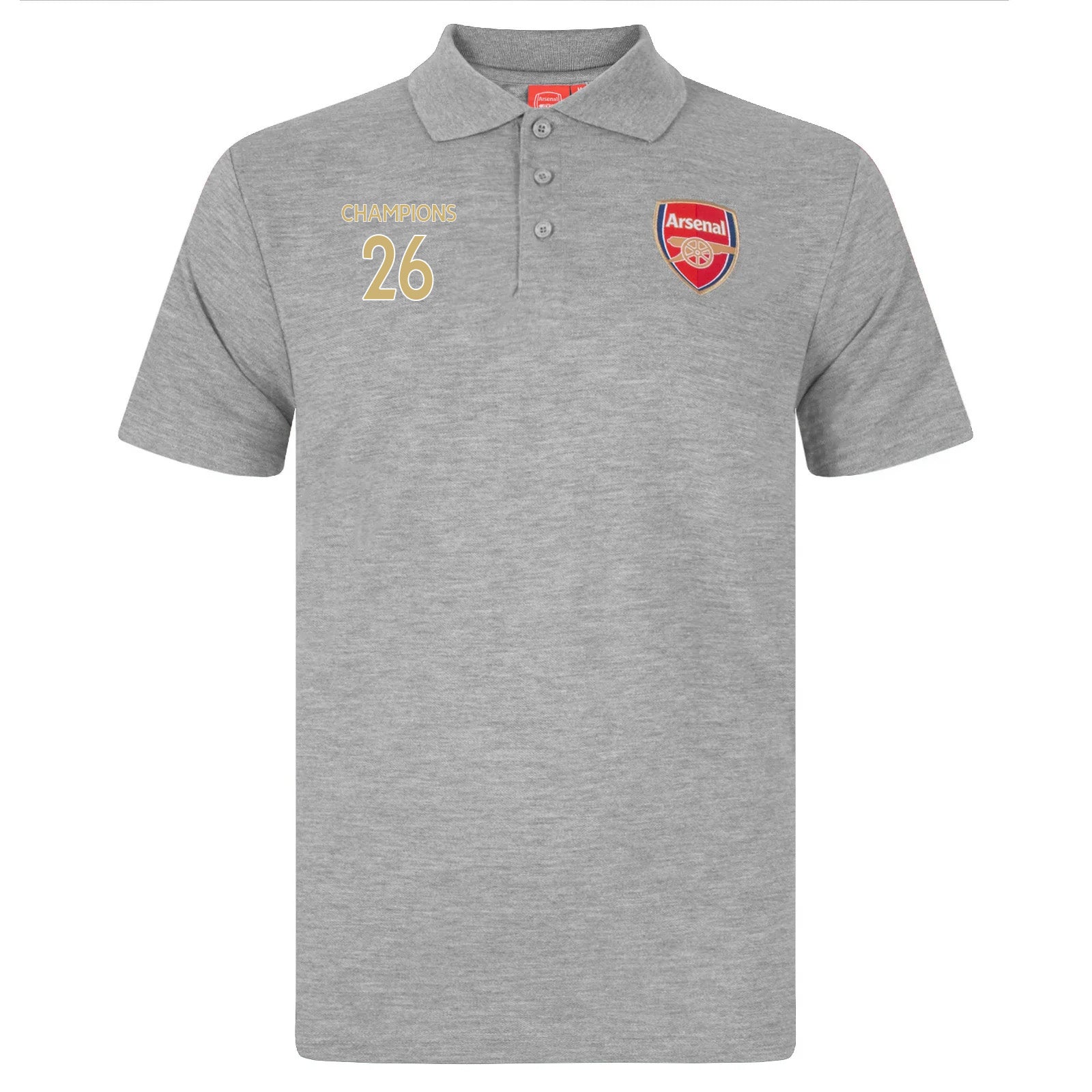 Arsenal polo shirt for adults in grey featuring the club crest and Champions 2026 graphic to the chest