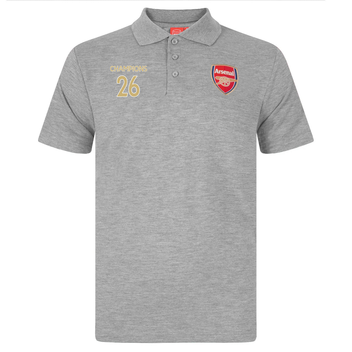 Arsenal polo shirt for adults in grey featuring the club crest and Champions 2026 graphic to the chest