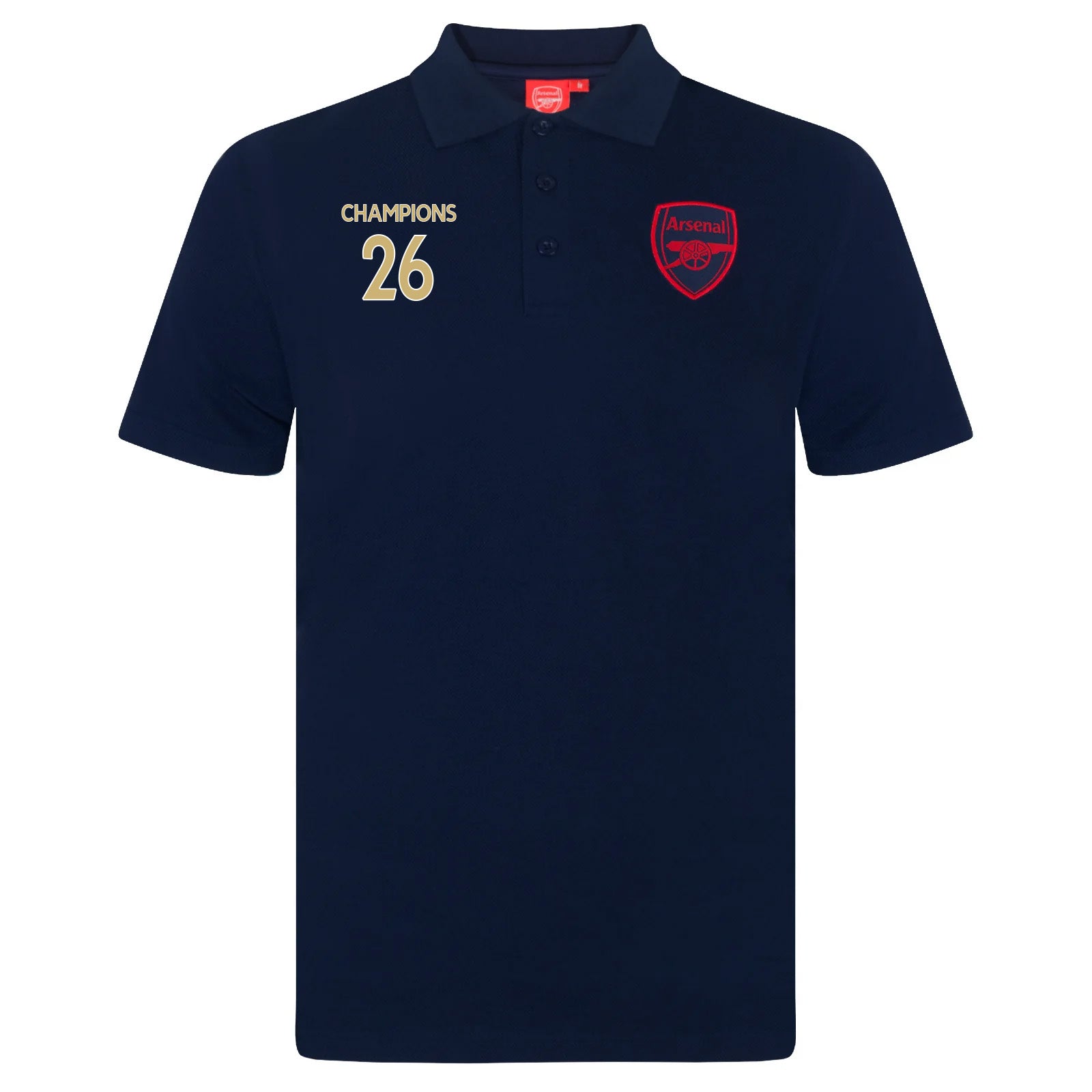 Arsenal polo shirt for adults in navy blue featuring the club crest and Champions 2026 graphic to the chest