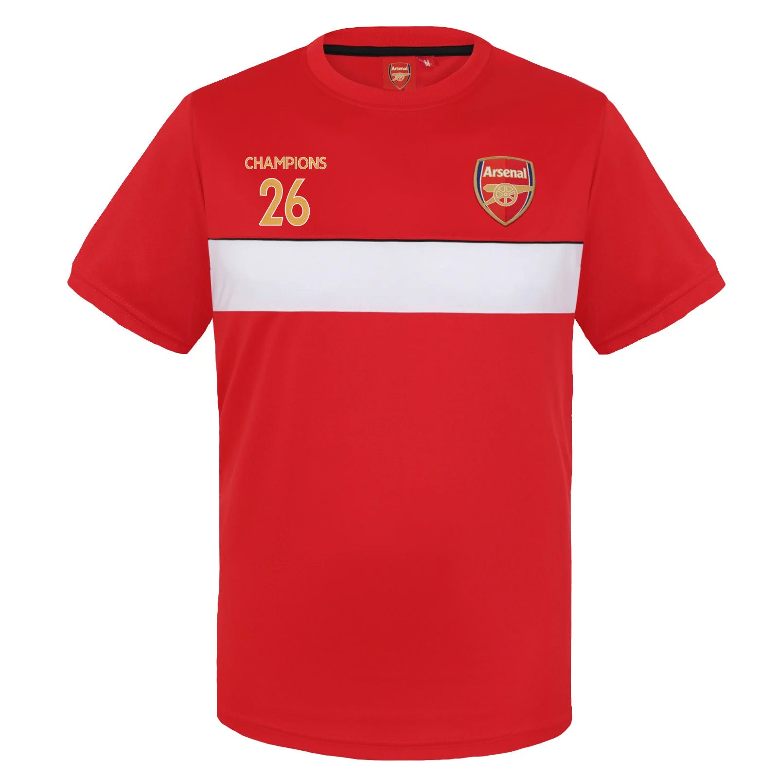 Arsenal adults T-shirt in red with club crest and champions 26 to chest