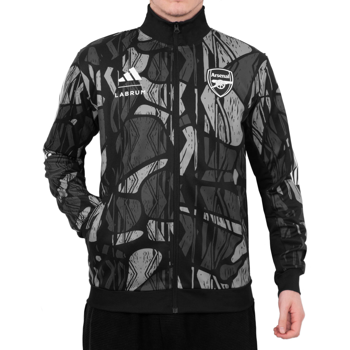 Arsenal adults track jacket in black and grey graphic design with club crest to chest