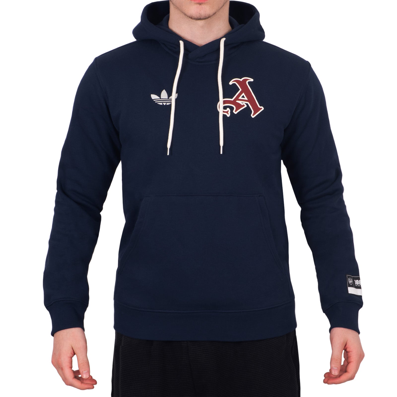 Arsenal adults graphic hoodie in navy blue with Gothic 'A' logo to the front chest and matching large logo on the back